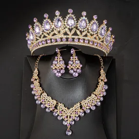 Pink Purple Crystal Jewelry Sets Princess Tiara Crown Earring Necklace  Accessories