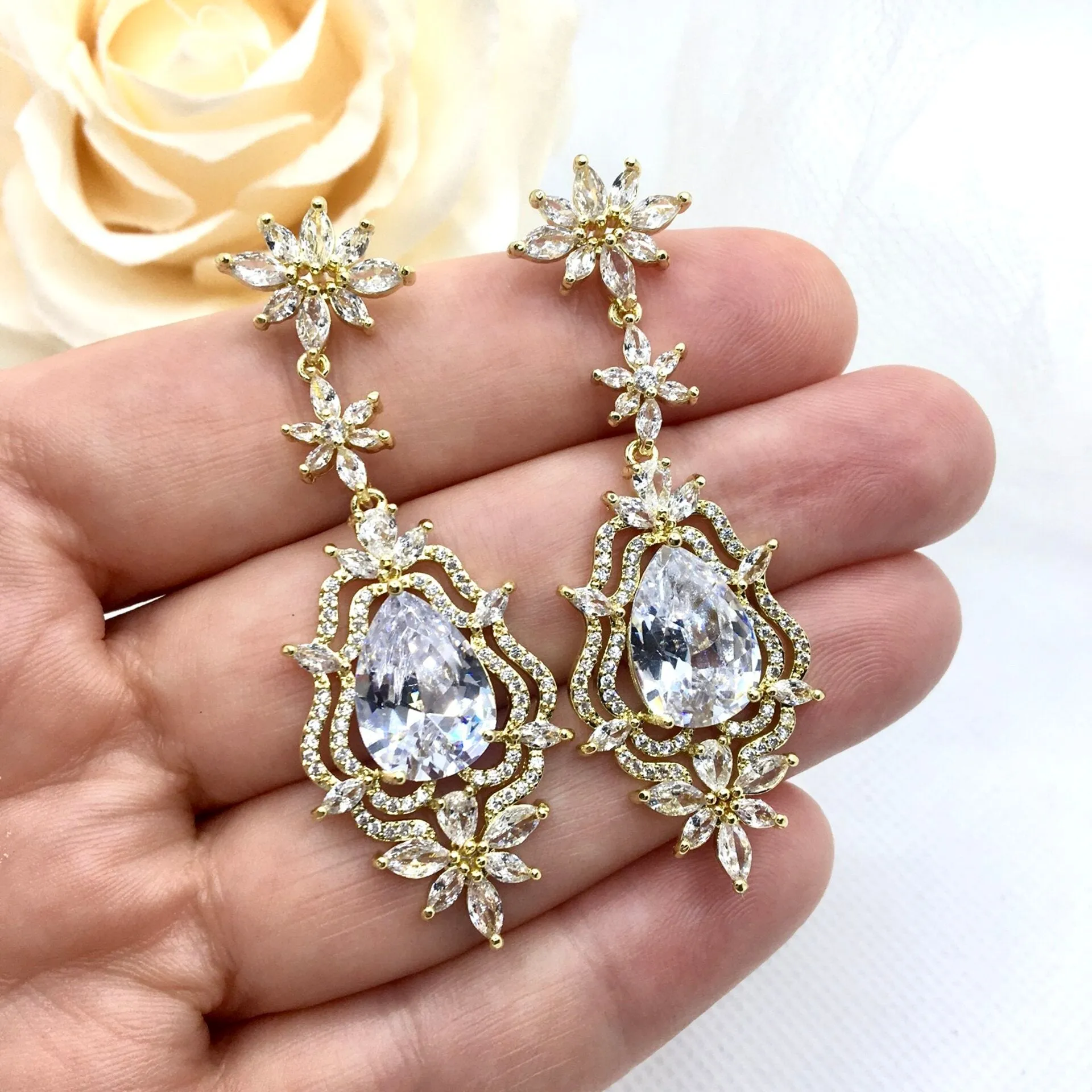 "Abby" - Cubic Zirconia Bridal Earrings - Available in Silver and Gold