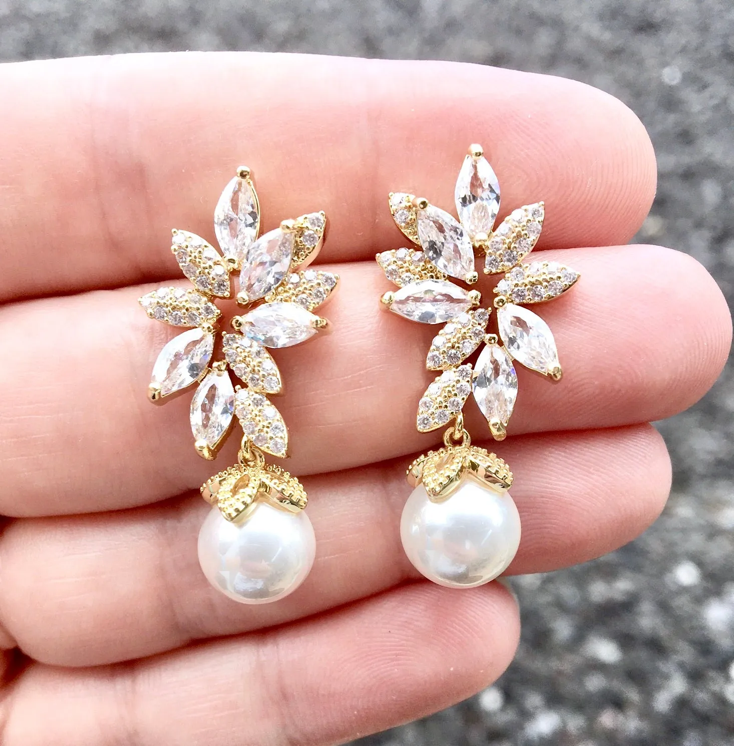 "Ida" - Pearl and Cubic Zirconia Bridal Earrings - More Colors