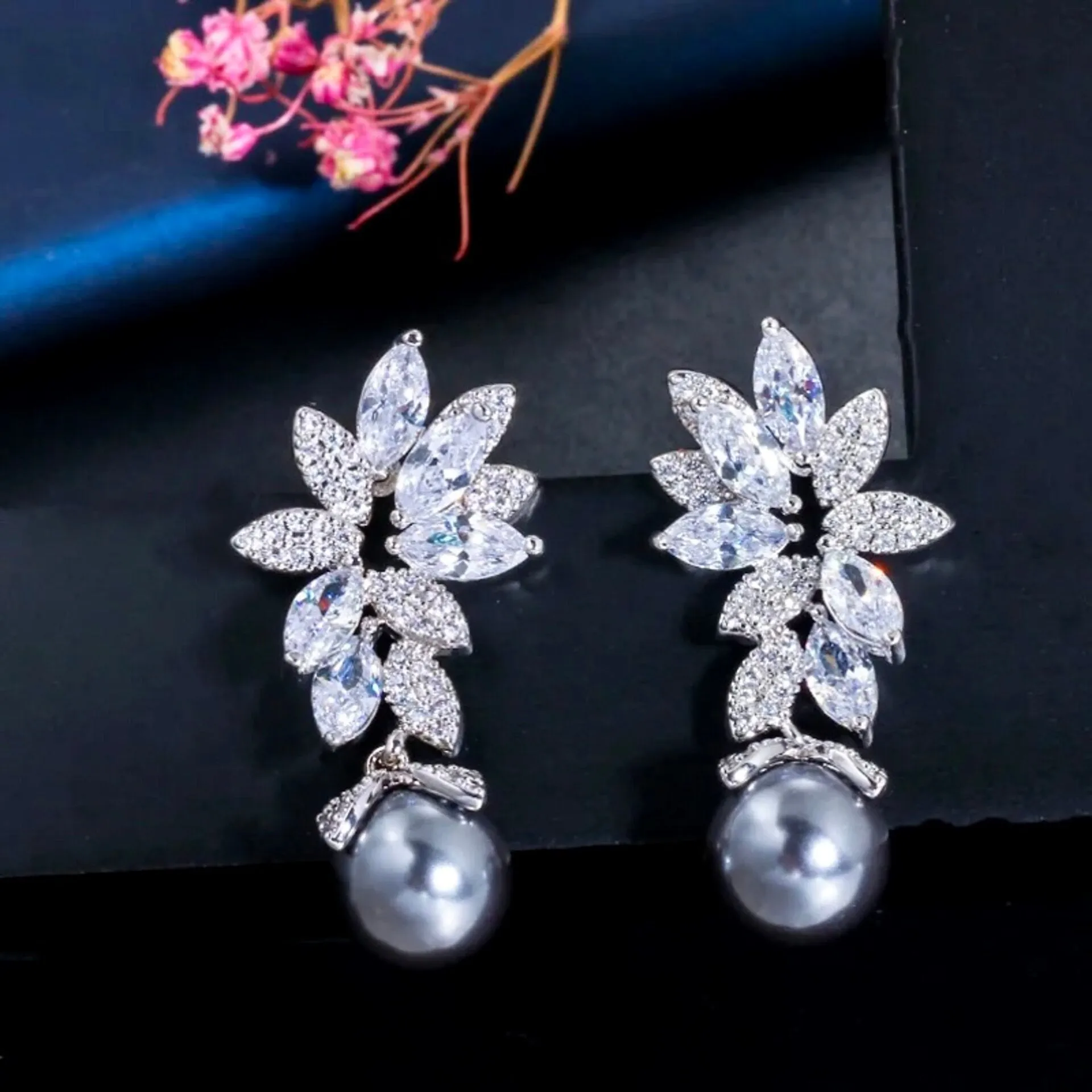 "Ida" - Pearl and Cubic Zirconia Bridal Earrings - More Colors