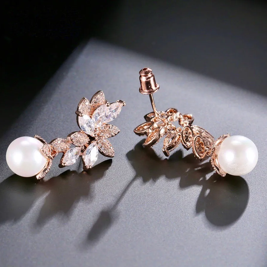 "Ida" - Pearl and Cubic Zirconia Bridal Earrings - More Colors