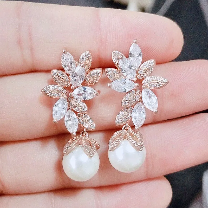 "Ida" - Pearl and Cubic Zirconia Bridal Earrings - More Colors