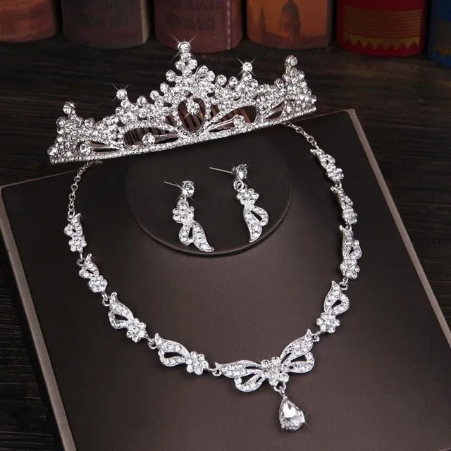 Rhinestone Crystal Classic Bridal Jewelry Sets- Three Pieces- Necklace-Earrings-Tiara-for Wedding or Quince