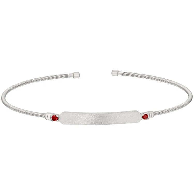 Rhodium Finish Sterling Silver Cable Cuff Bracelet with Name Plate and Simulated Garnet Birth Gems - January