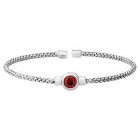 Rhodium Finish Sterling Silver Rounded Box Link Cuff Bracelet with Bezel Set Simulated Garnet Birth Gem