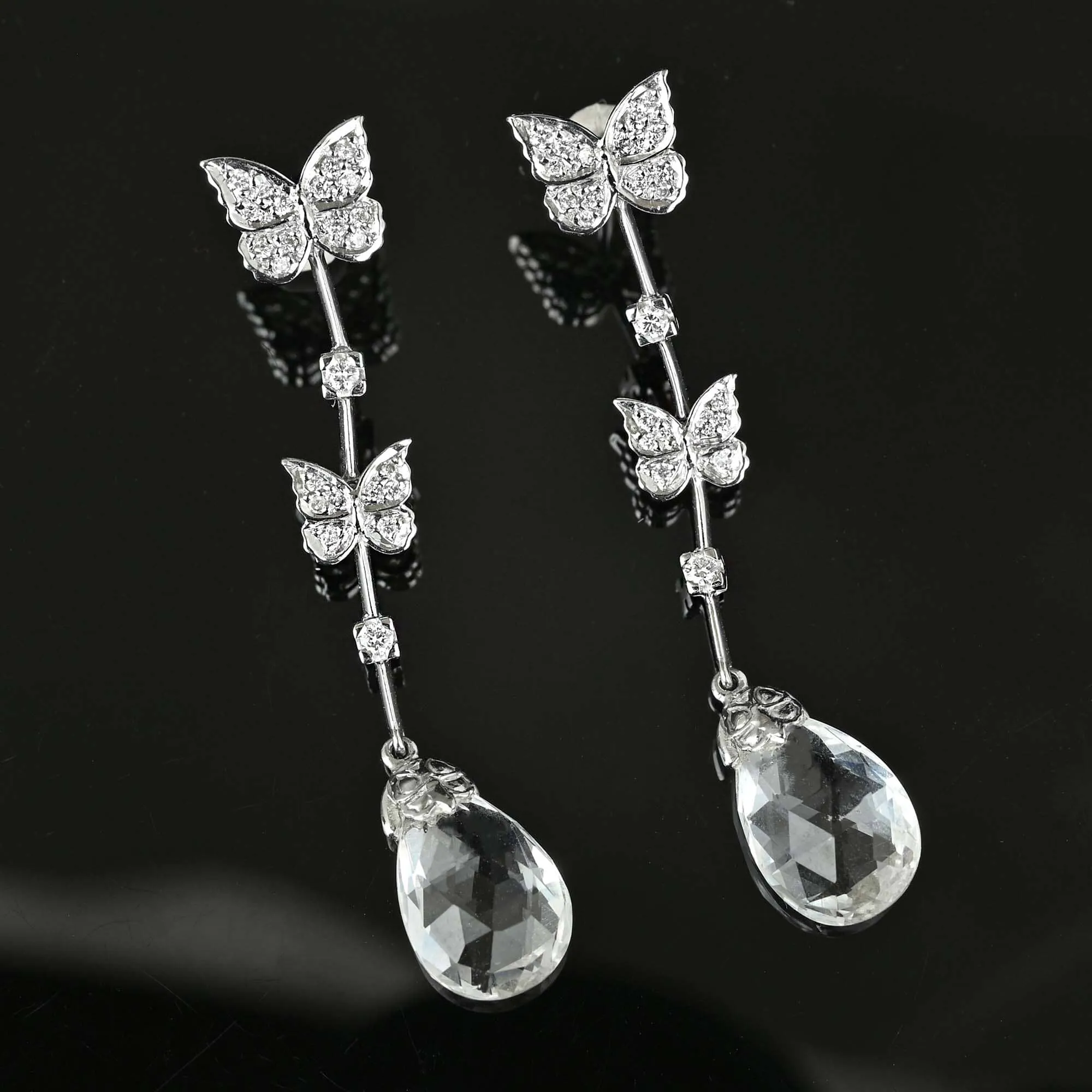 Rock Crystal Diamond Butterfly Earrings in 18K White Gold