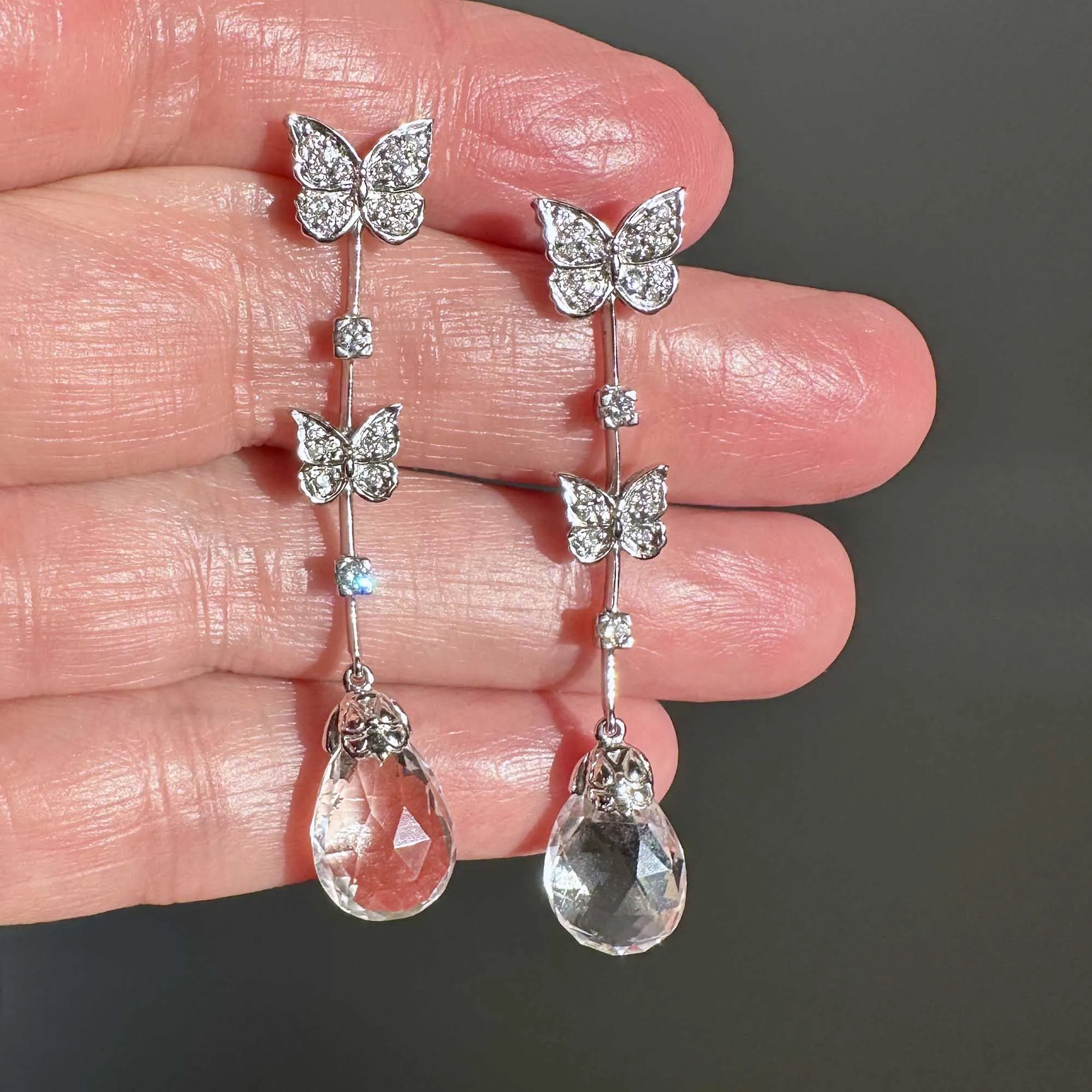 Rock Crystal Diamond Butterfly Earrings in 18K White Gold