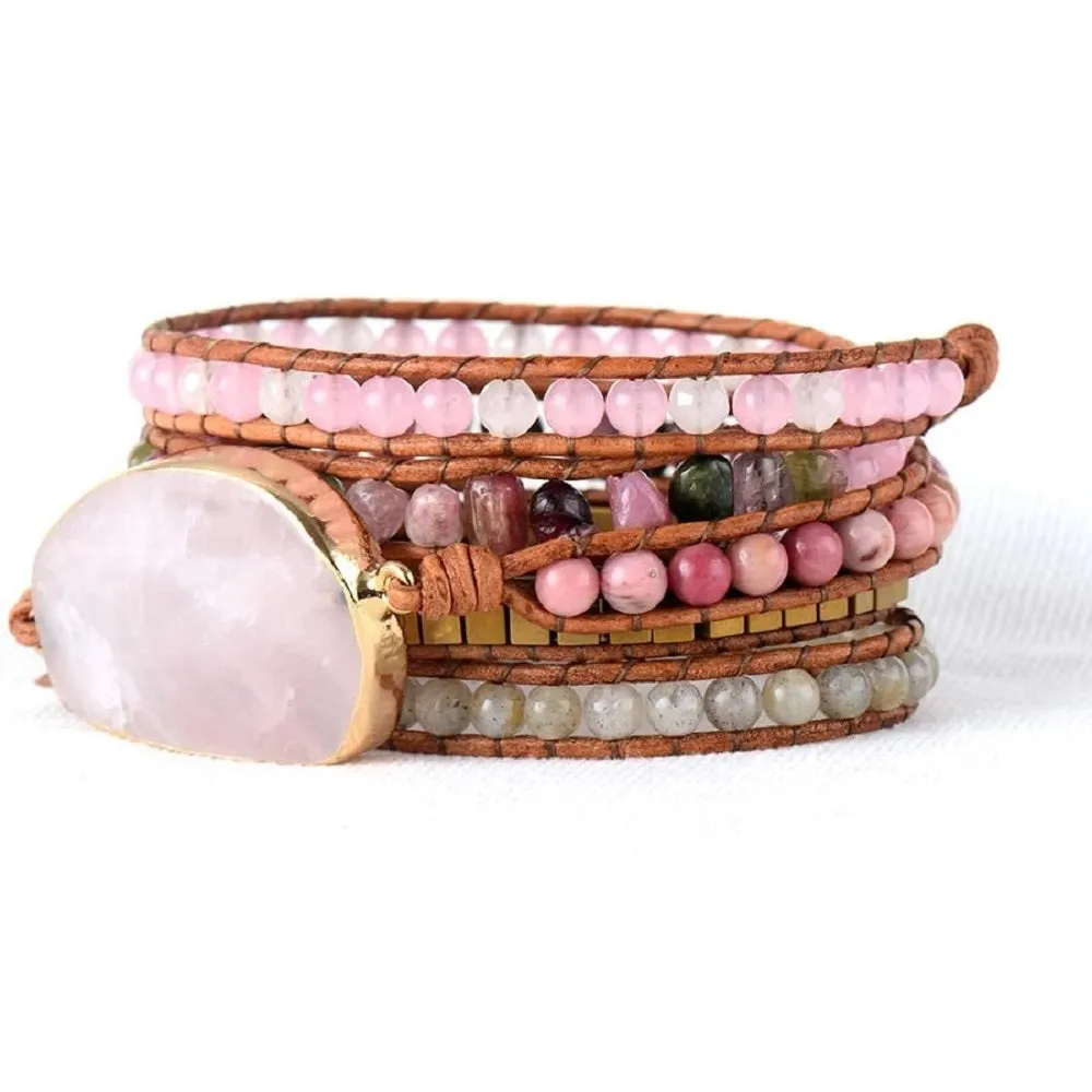 Rose Quartz & Watermelon Tourmaline Beaded Wrap Bracelet