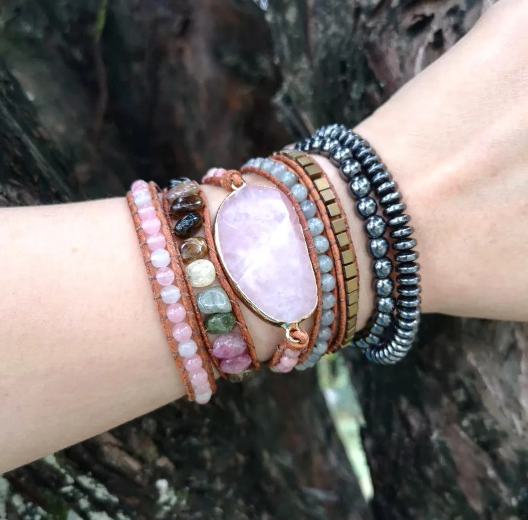 Rose Quartz & Watermelon Tourmaline Beaded Wrap Bracelet