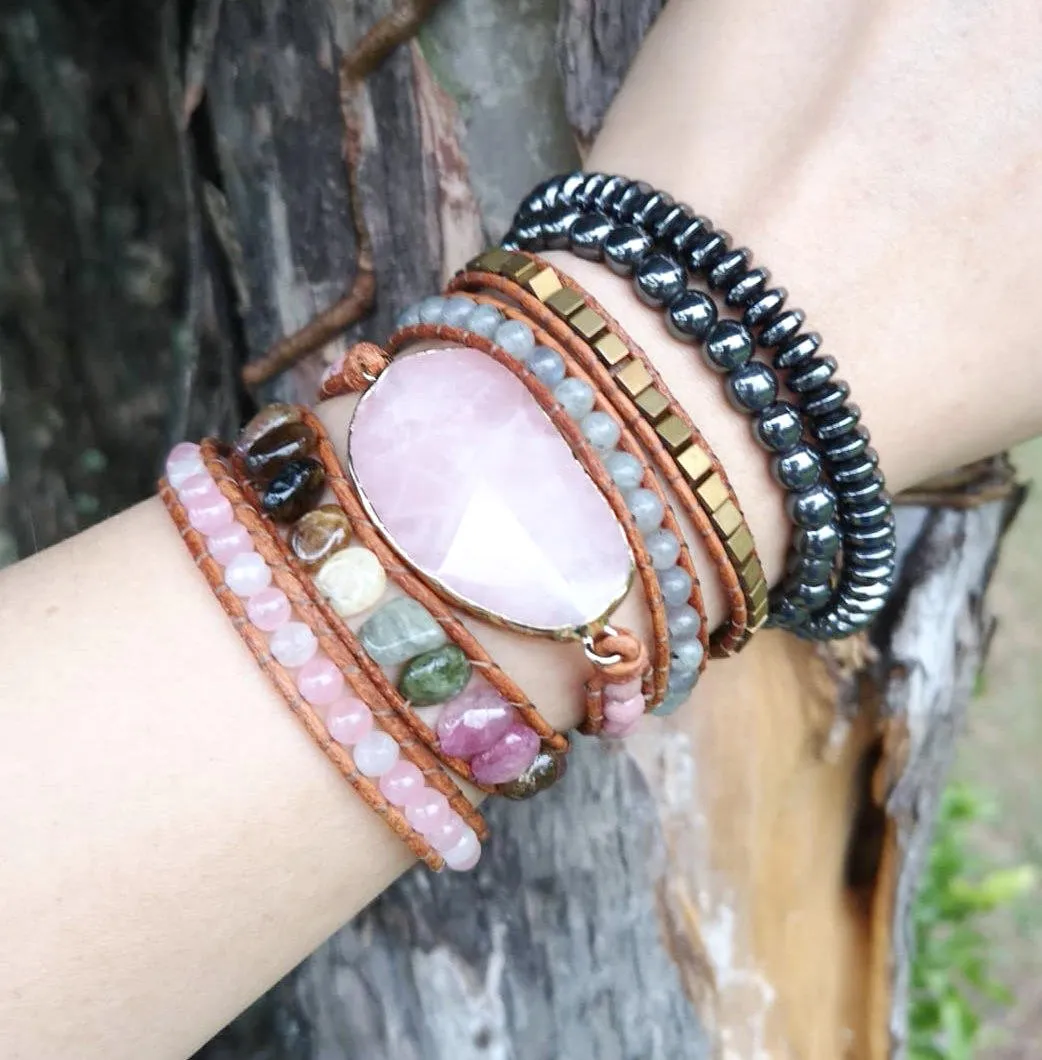 Rose Quartz & Watermelon Tourmaline Beaded Wrap Bracelet