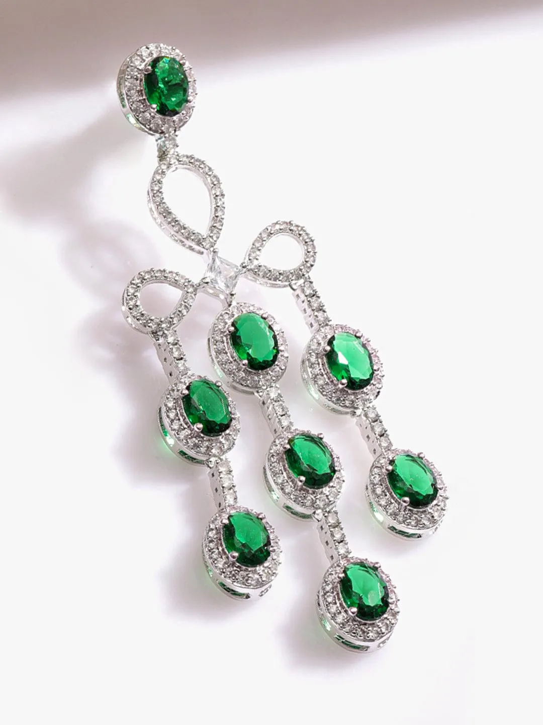 Rubans Rhodium Plated Emerald Green & Cubic Zirconia Studded Chandelier Earrings