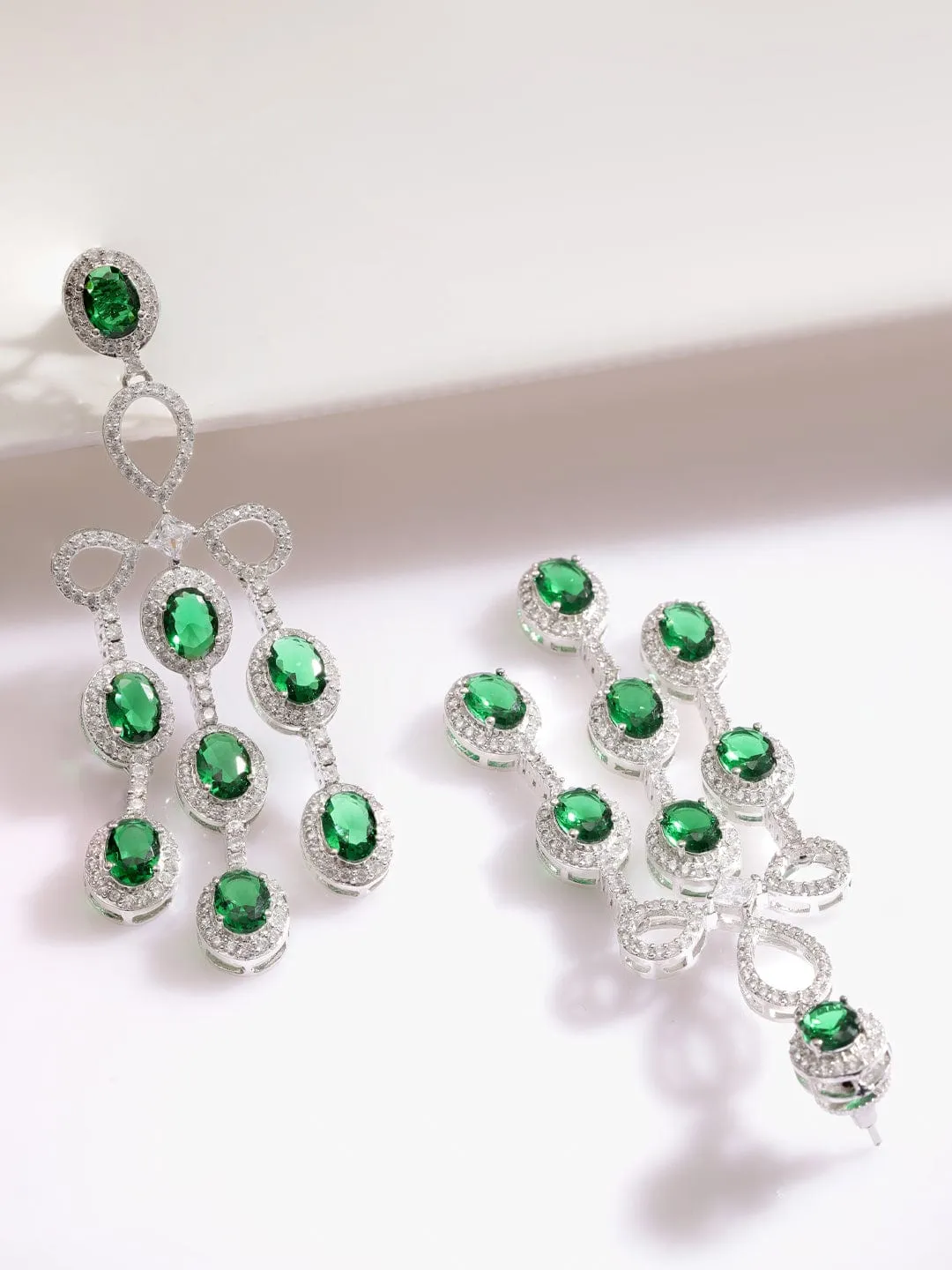 Rubans Rhodium Plated Emerald Green & Cubic Zirconia Studded Chandelier Earrings