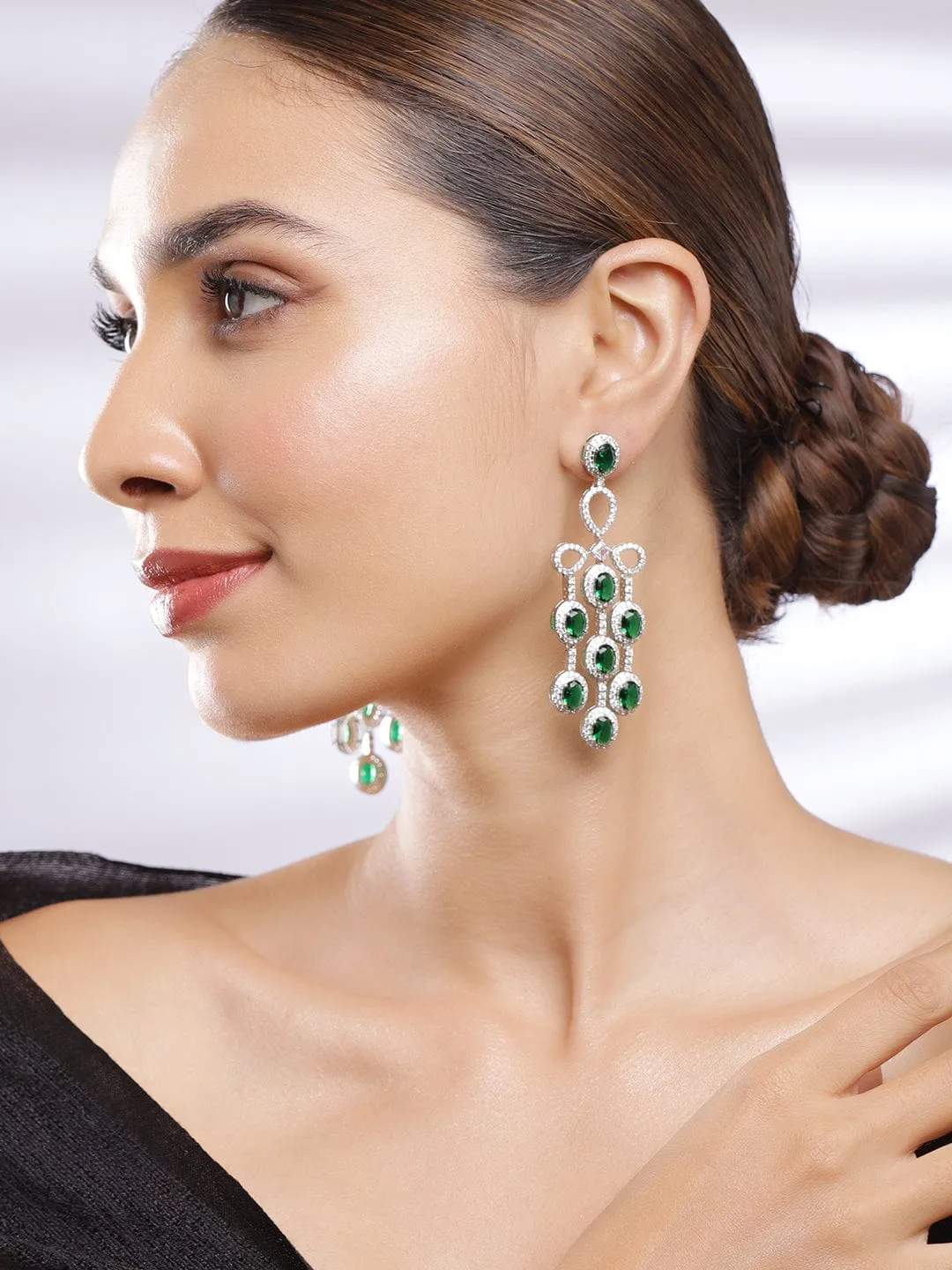 Rubans Rhodium Plated Emerald Green & Cubic Zirconia Studded Chandelier Earrings