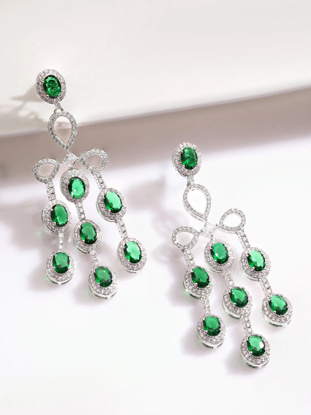 Rubans Rhodium Plated Emerald Green & Cubic Zirconia Studded Chandelier Earrings