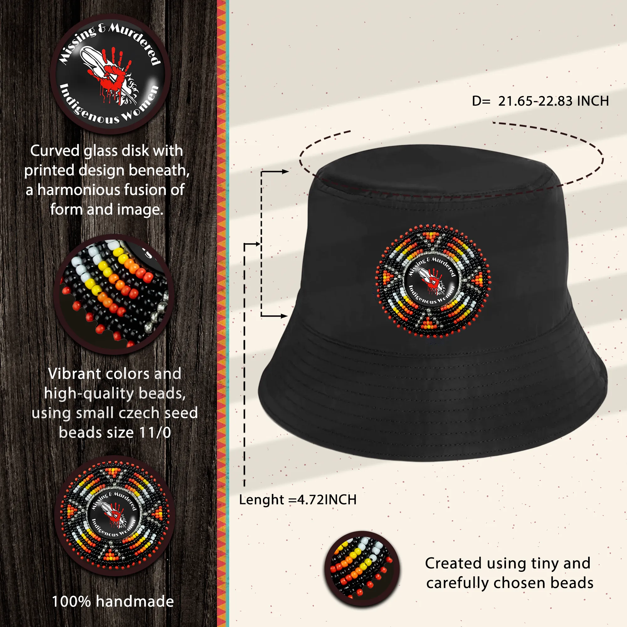 SALE 50% OFF - Missing and Murdered Women Beaded Unisex Cotton Bucket Hat with Native American