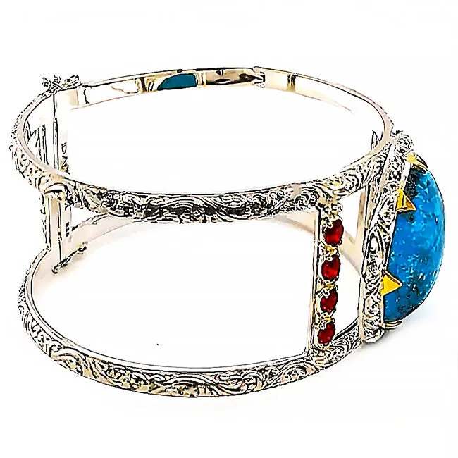 SBD 106 Silver and Persian Turquoise & Garnet  Bangle Bracelet