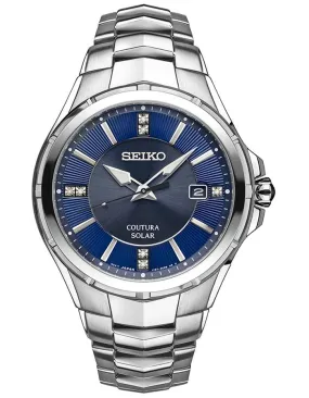 Seiko Mens Solar Coutura Diamond Watch - Blue Dial - Stainiless Steel Bracelet