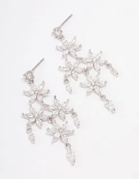 Silver Cubic Zirconia  Flower Chandelier Drop Earrings