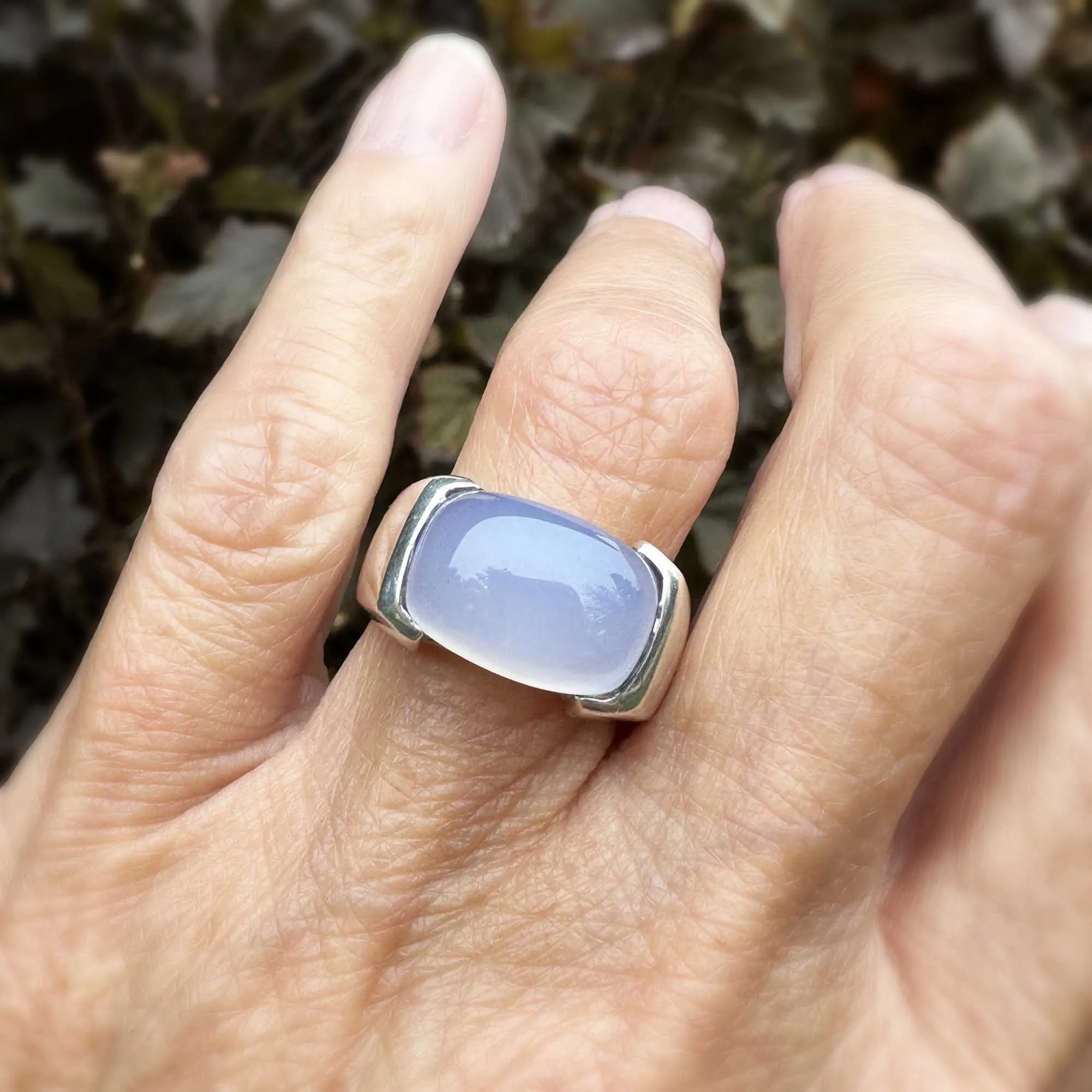 Silver East West Pale Blue Chalcedony Signet Ring