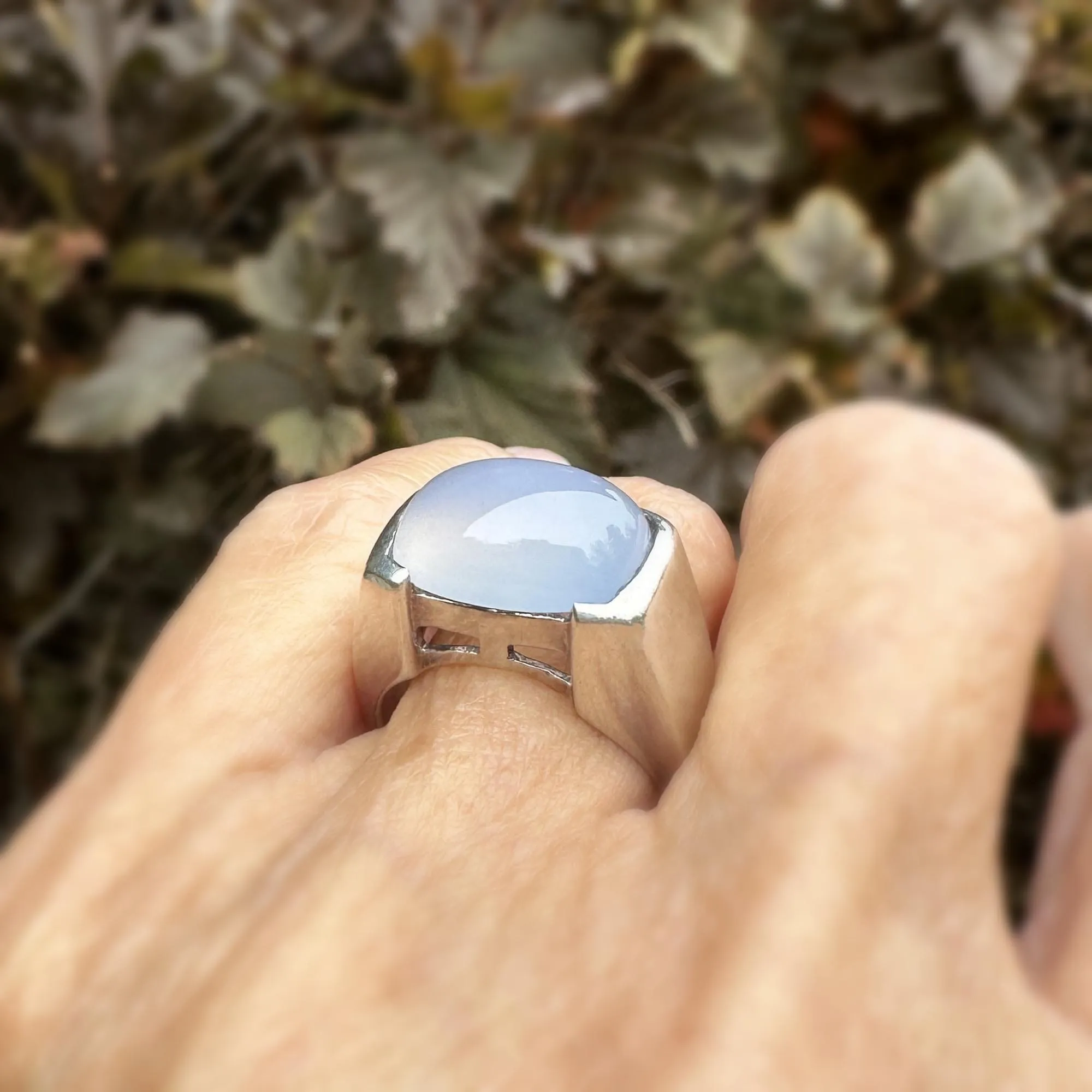 Silver East West Pale Blue Chalcedony Signet Ring