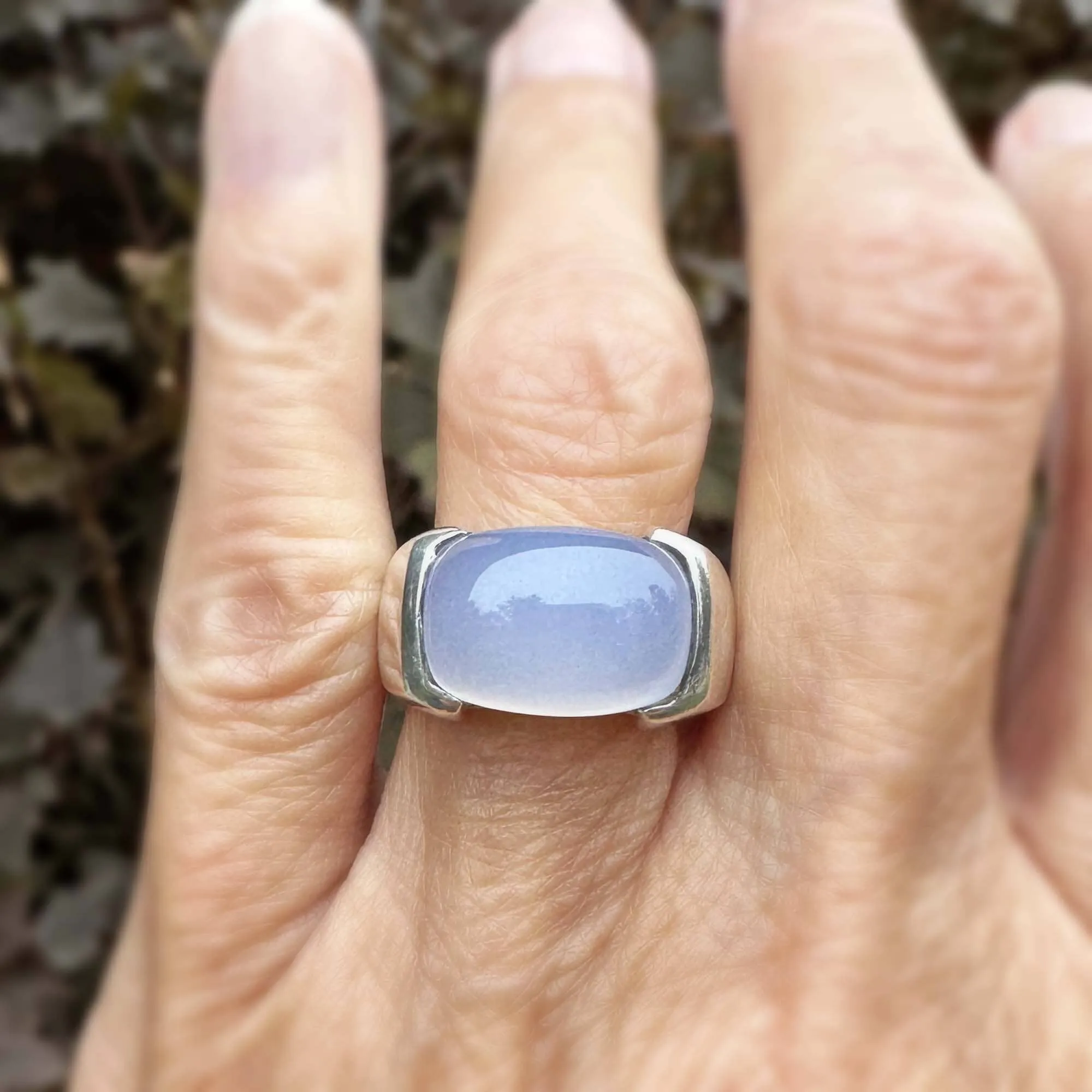 Silver East West Pale Blue Chalcedony Signet Ring