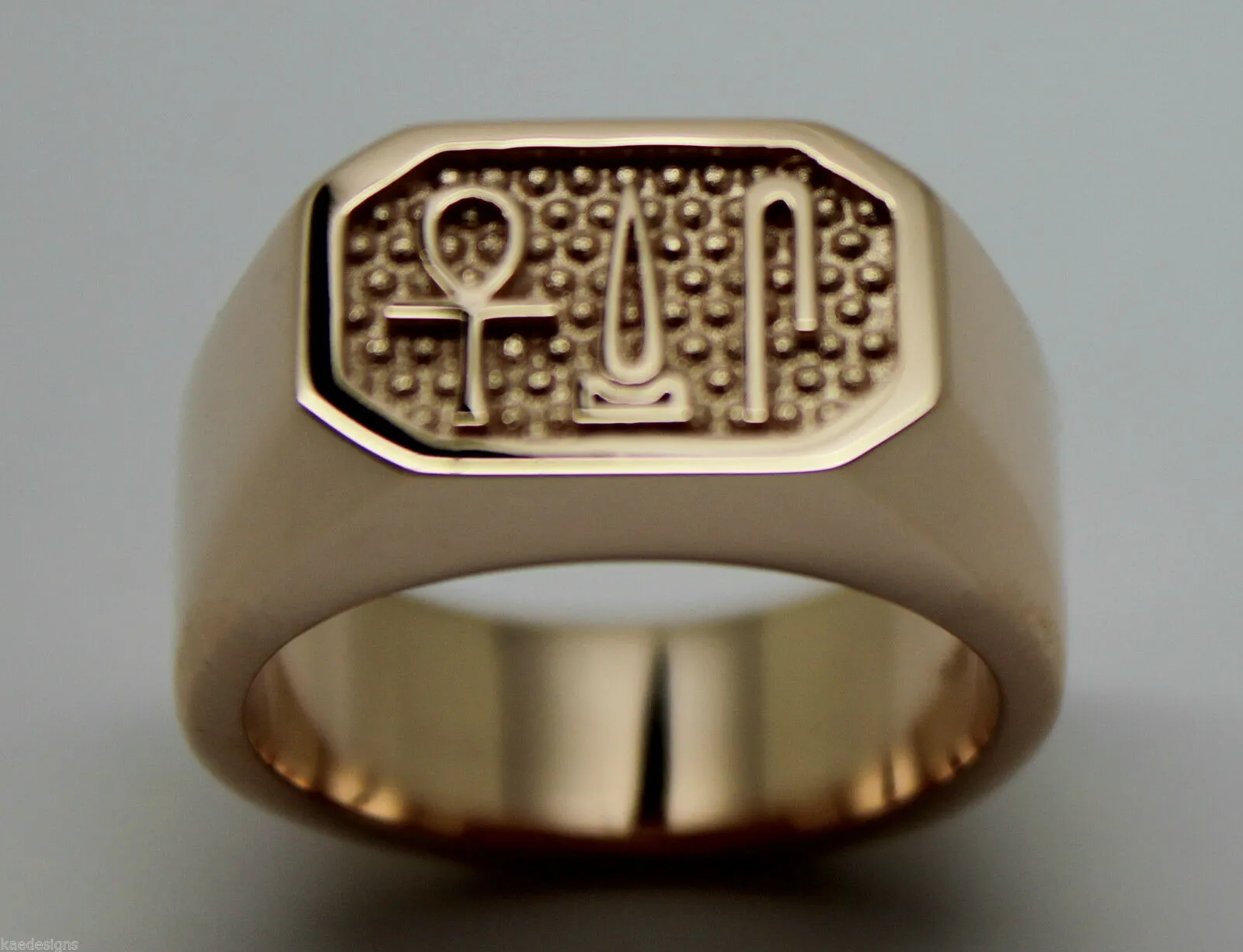 Size V - Genuine 9ct Rose Gold Signet Ring Egyptian Hieroglyphic symbols-Success,Happiness,Health