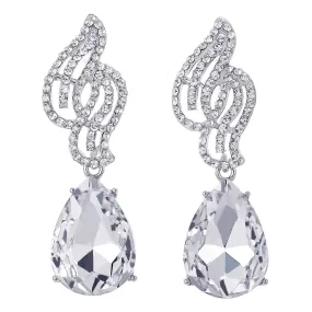 Sparkling Crystal Rhinestone Cluster Chandelier Leaf Teardrop Long Dangle Statement Earring Bridal