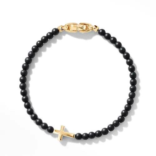 Spiritual Beads Cross Station Bracelet with Black Onyx and 18K Yellow Gold