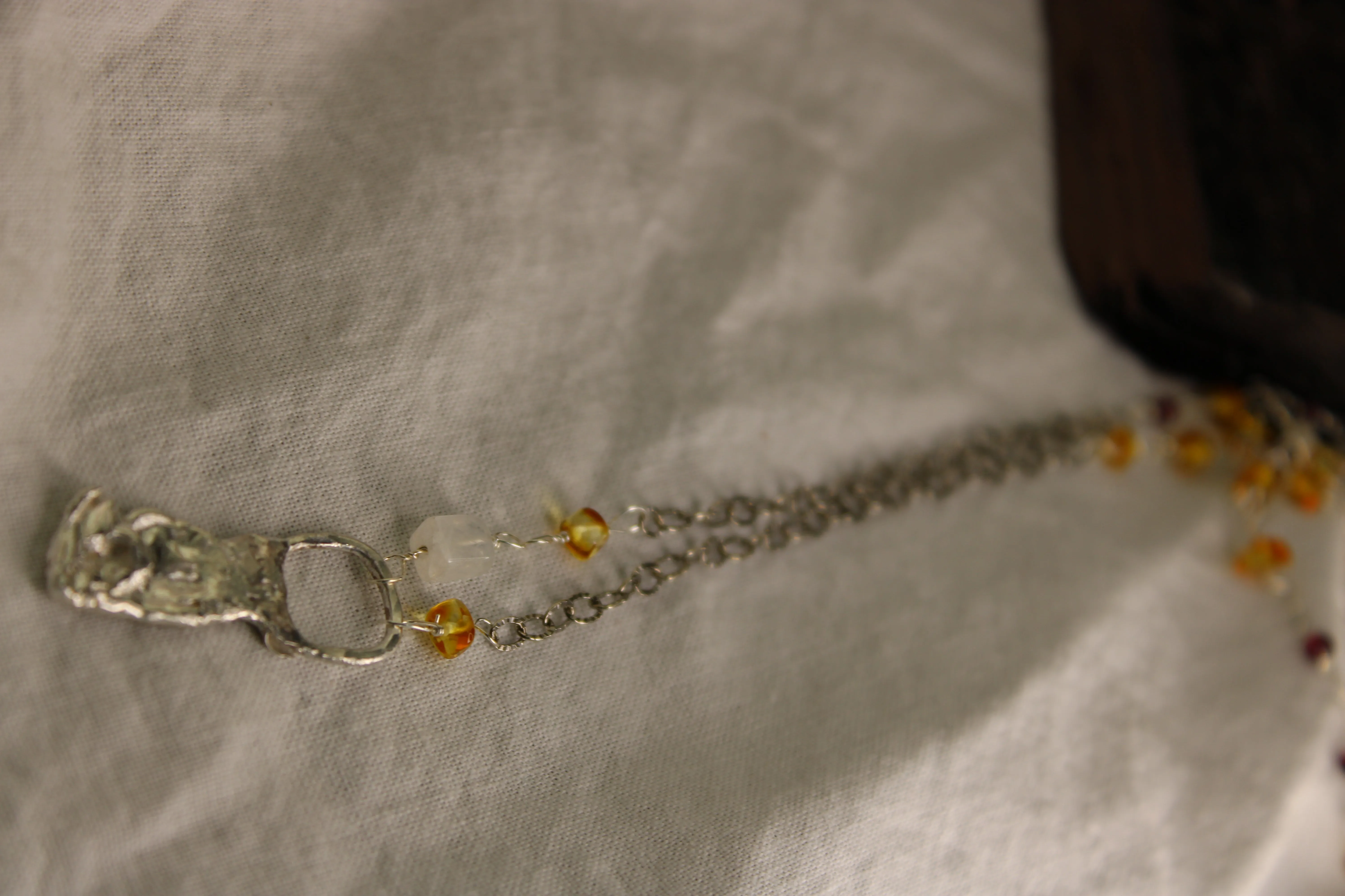 Sterling Silver Beaded Chain Necklace Moonstone and Amber Stones