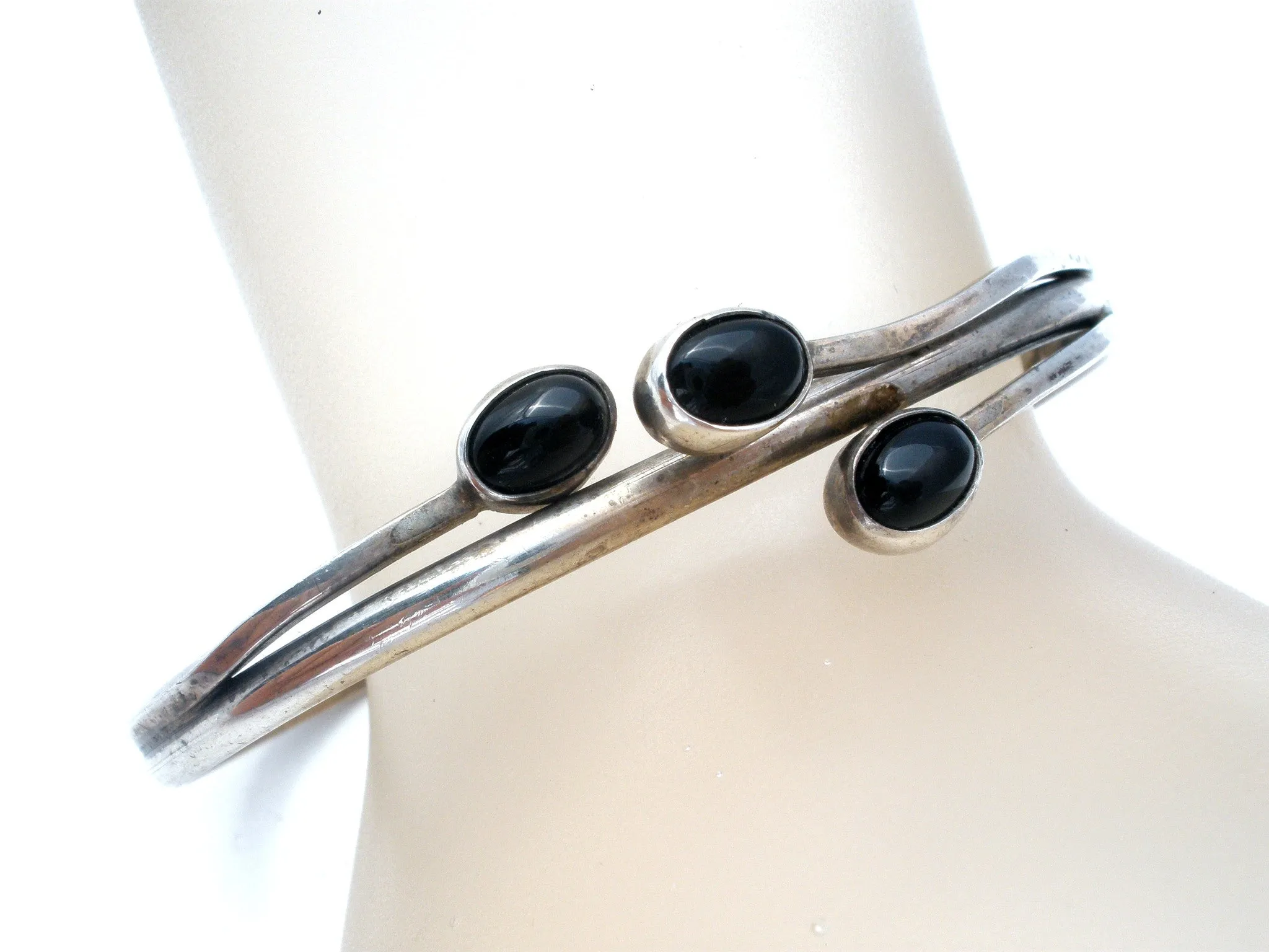 Sterling Silver Black Onyx Cuff Bracelet Vintage