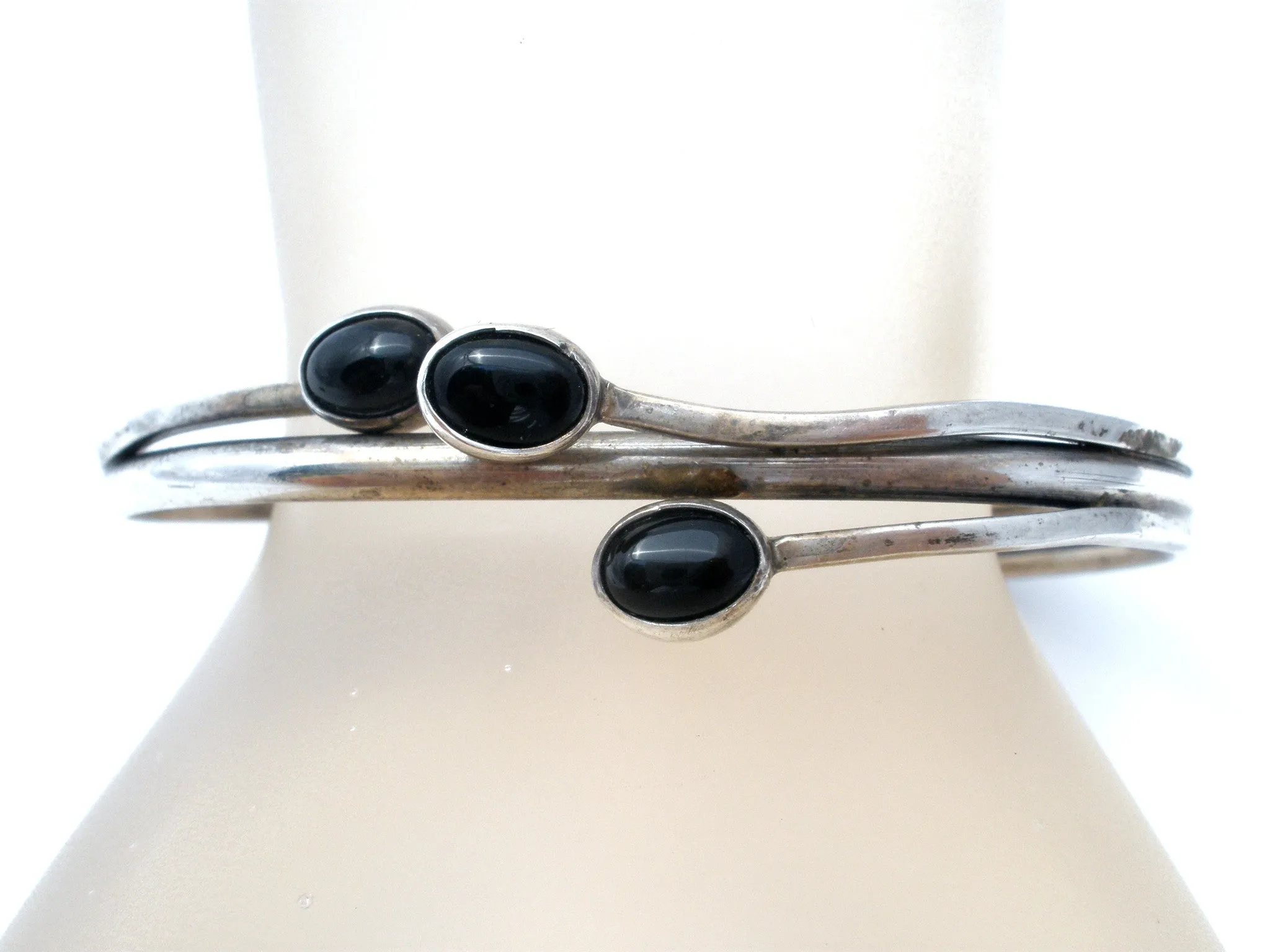 Sterling Silver Black Onyx Cuff Bracelet Vintage