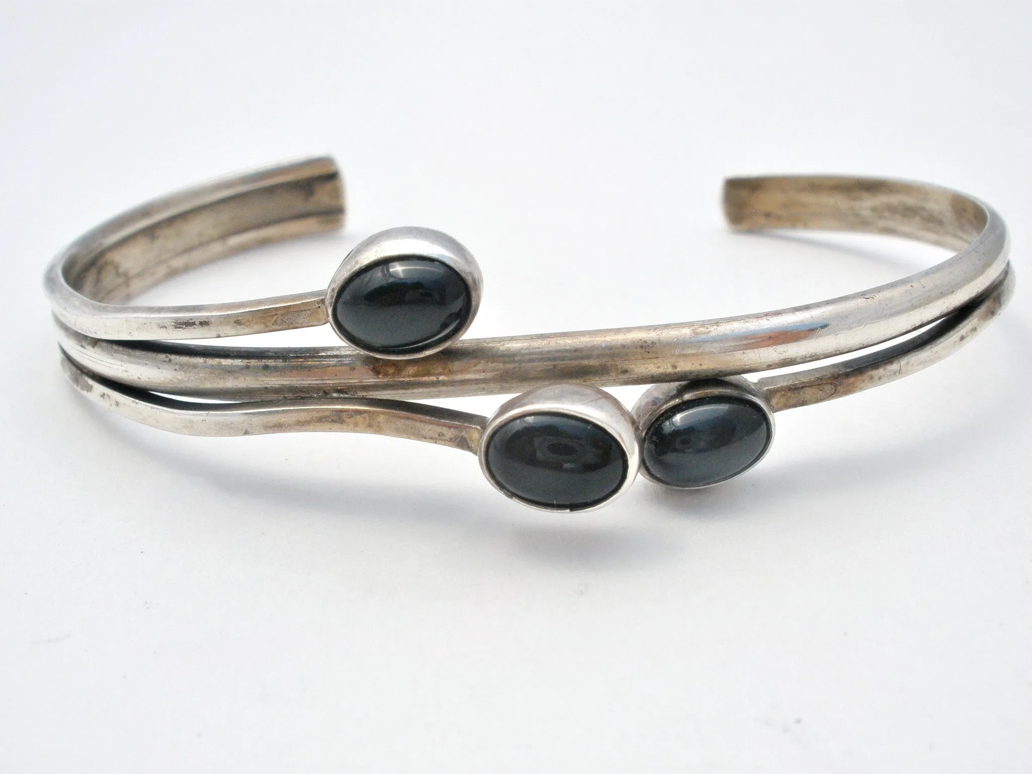 Sterling Silver Black Onyx Cuff Bracelet Vintage