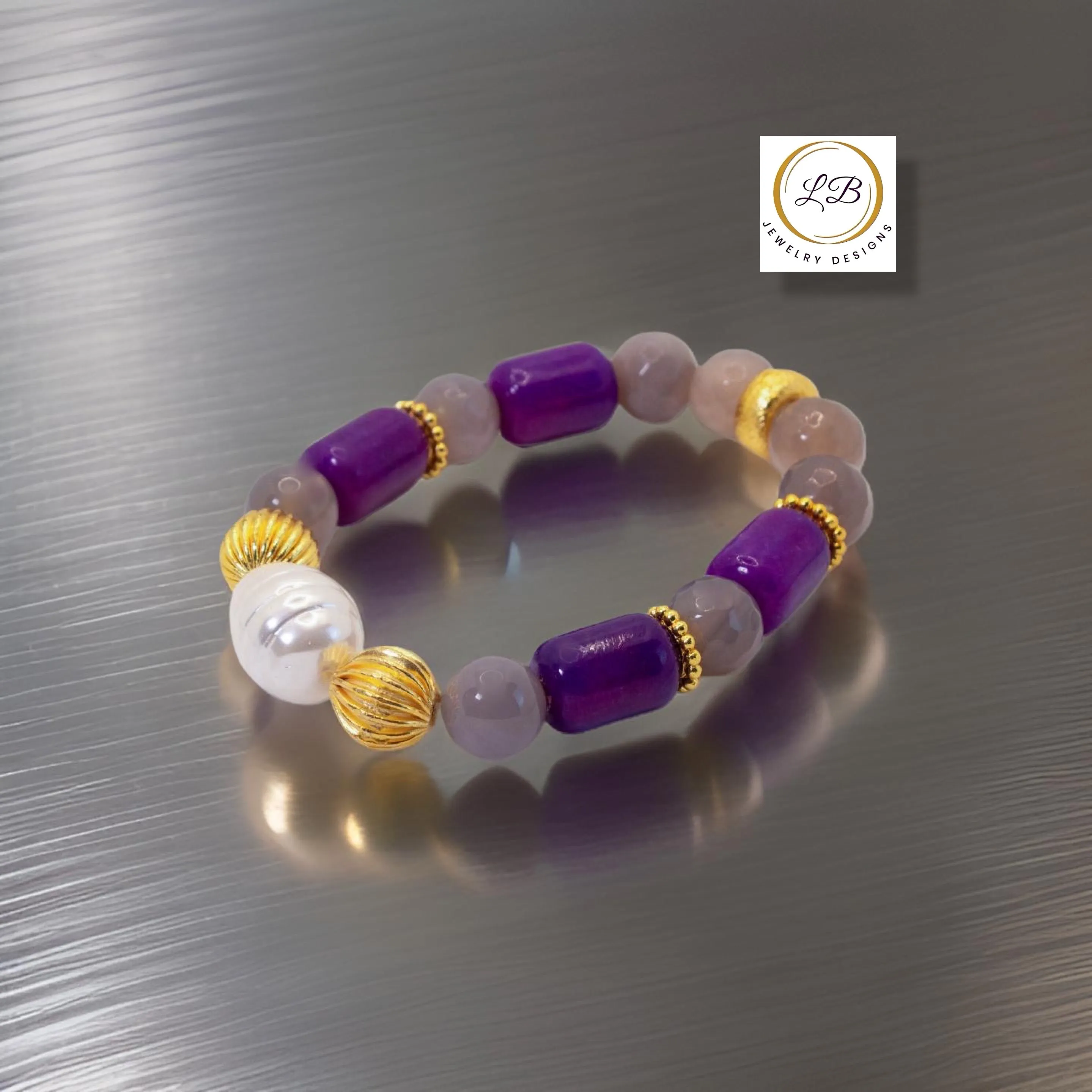 Sugilite, Onyx & Pearl Gemstone Beaded Bracelet