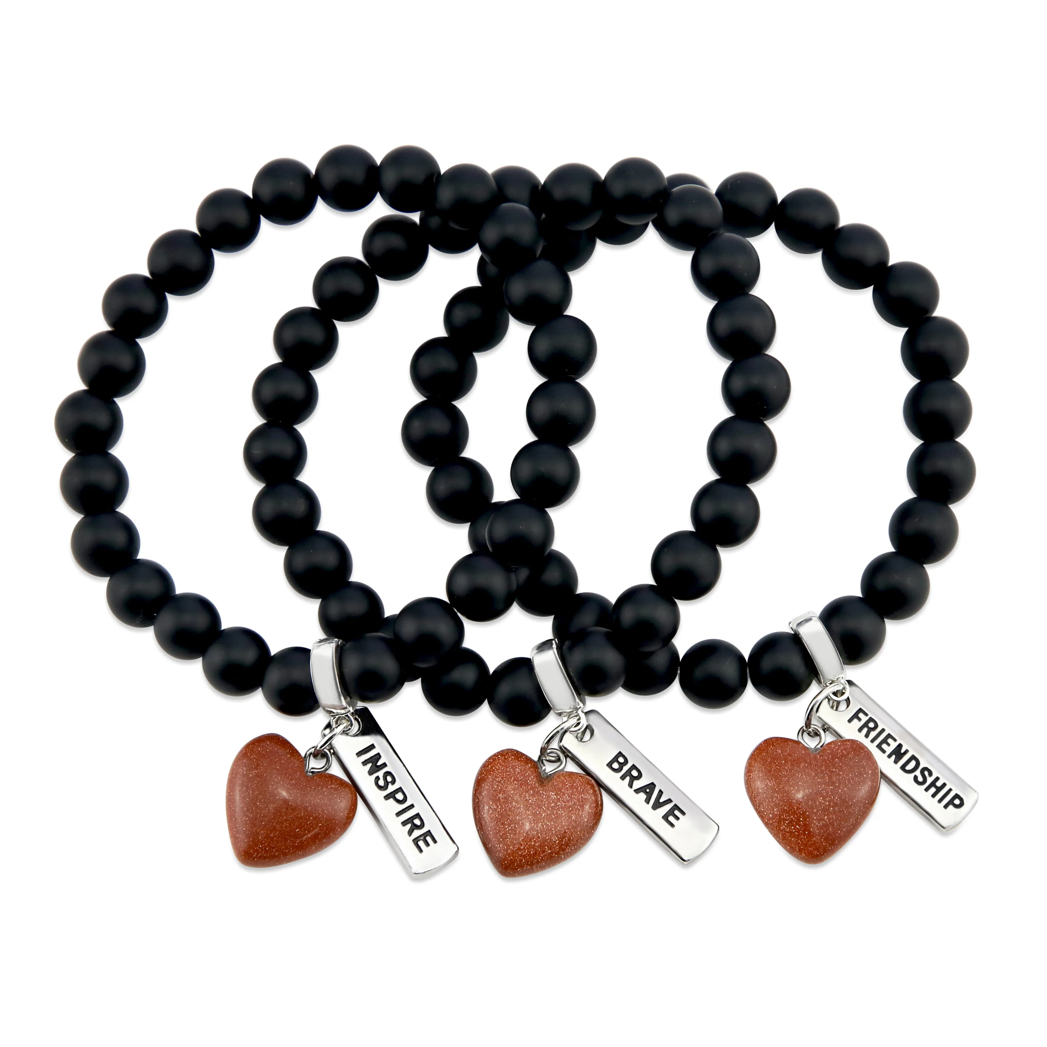 SWEETHEART Bracelet - 8mm MATT BLACK ONYX stone beads with Small COPPER SANDSTONE SPARKLE Heart & Word Charm