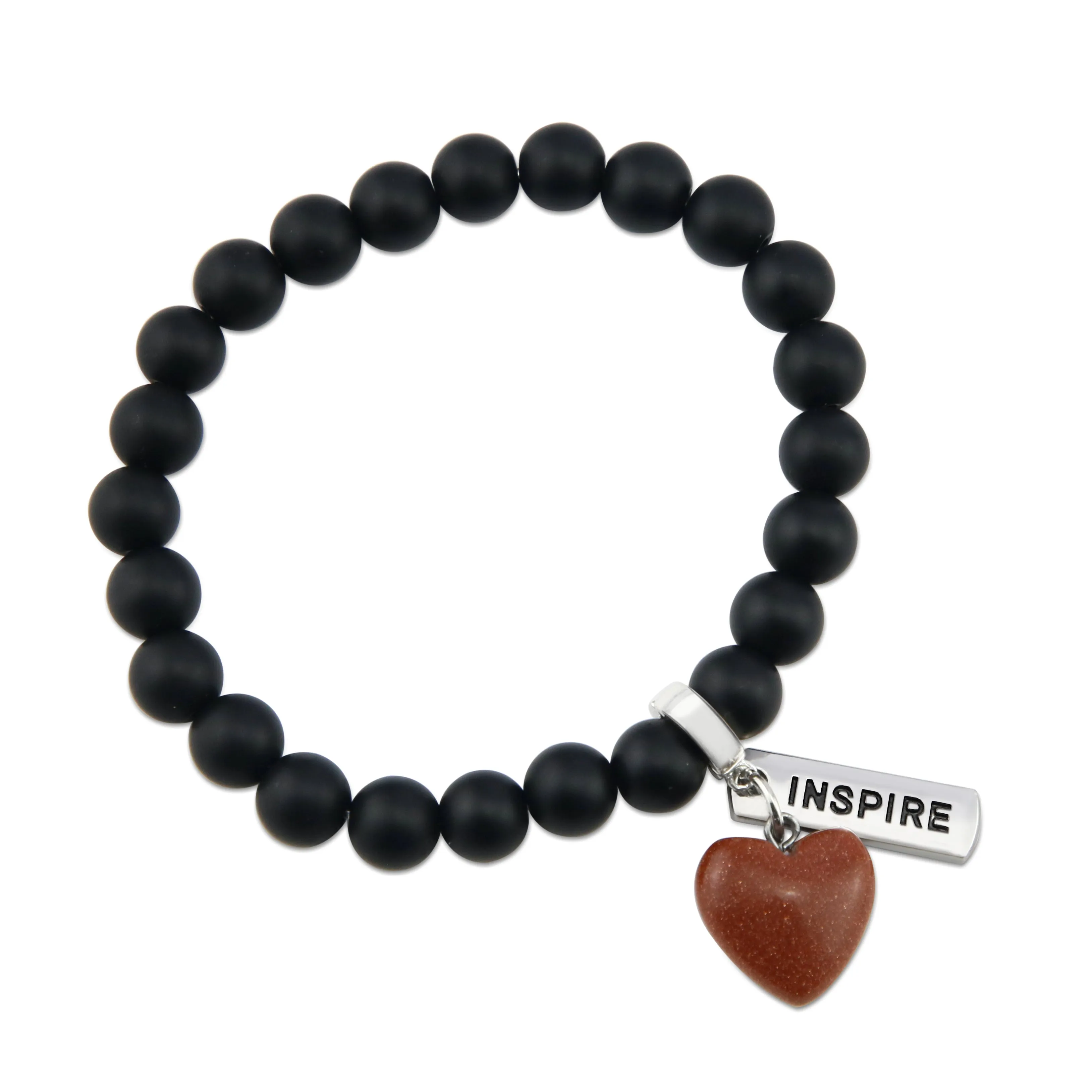 SWEETHEART Bracelet - 8mm MATT BLACK ONYX stone beads with Small COPPER SANDSTONE SPARKLE Heart & Word Charm