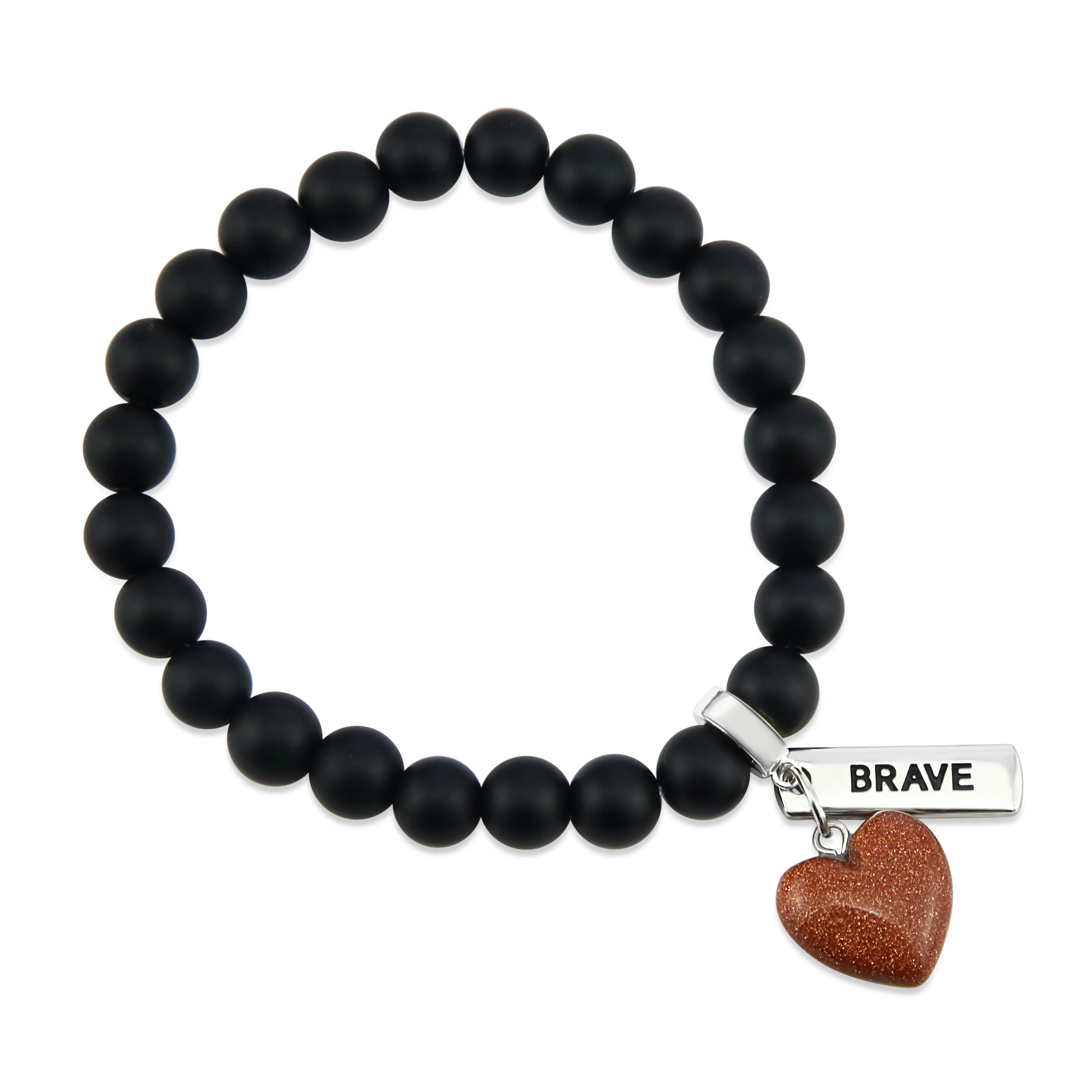 SWEETHEART Bracelet - 8mm MATT BLACK ONYX stone beads with Small COPPER SANDSTONE SPARKLE Heart & Word Charm