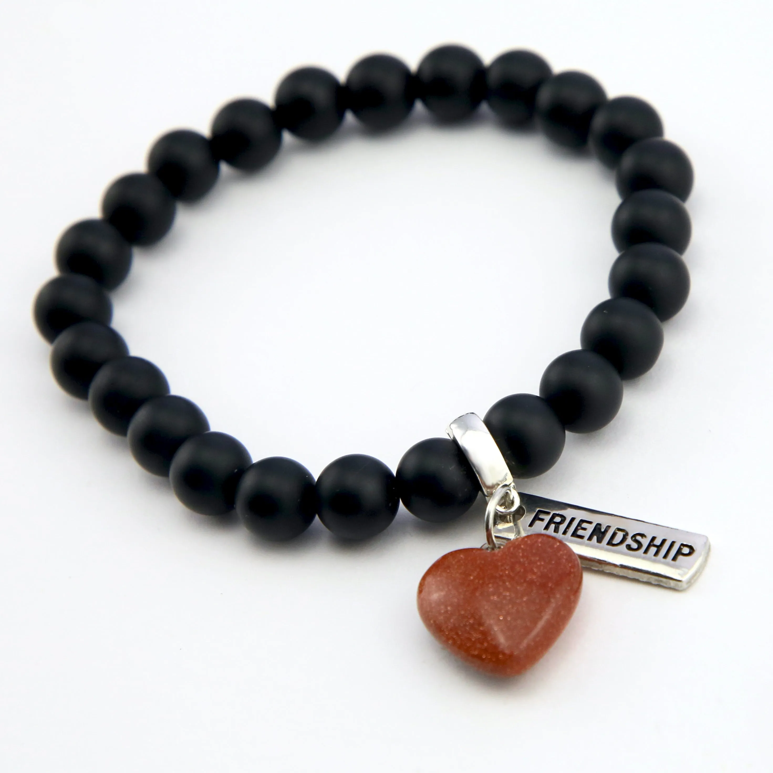 SWEETHEART Bracelet - 8mm MATT BLACK ONYX stone beads with Small COPPER SANDSTONE SPARKLE Heart & Word Charm