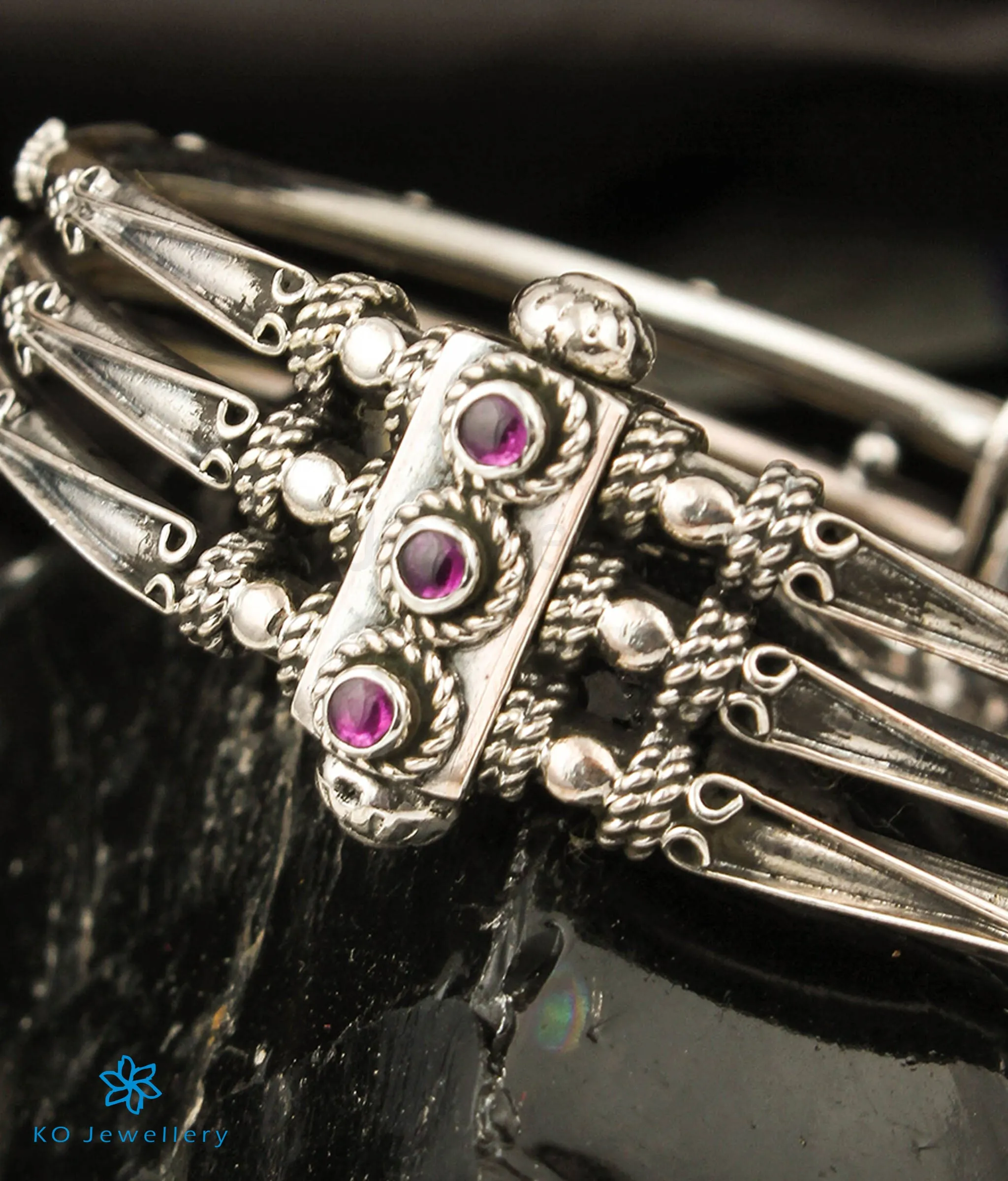 The Lasya Silver Garnet Kada Bracelet (3 layers/Size 2.4/2.6)