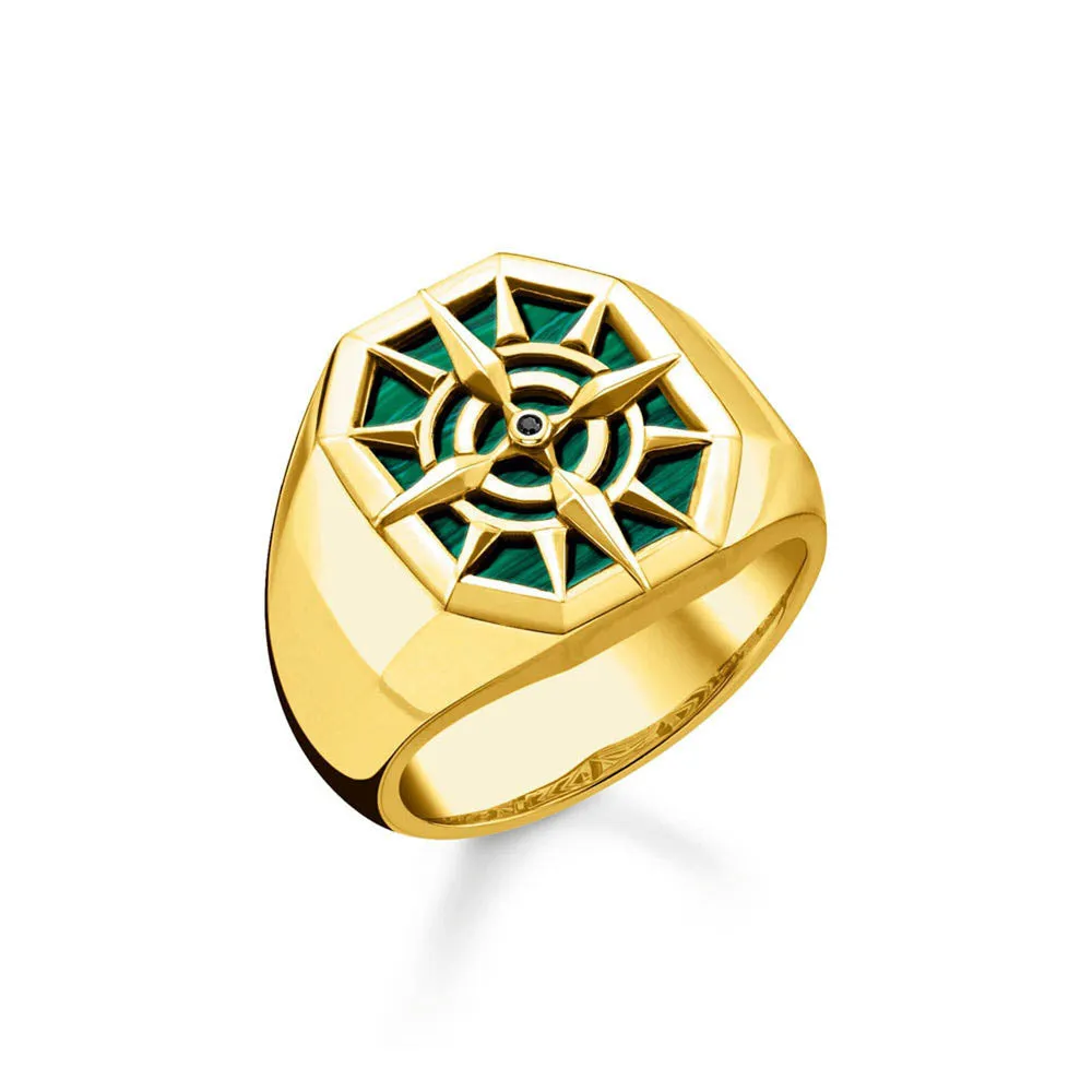 Thomas Sabo Sterling Silver Gold Plated Malachite Compass Signet Ring