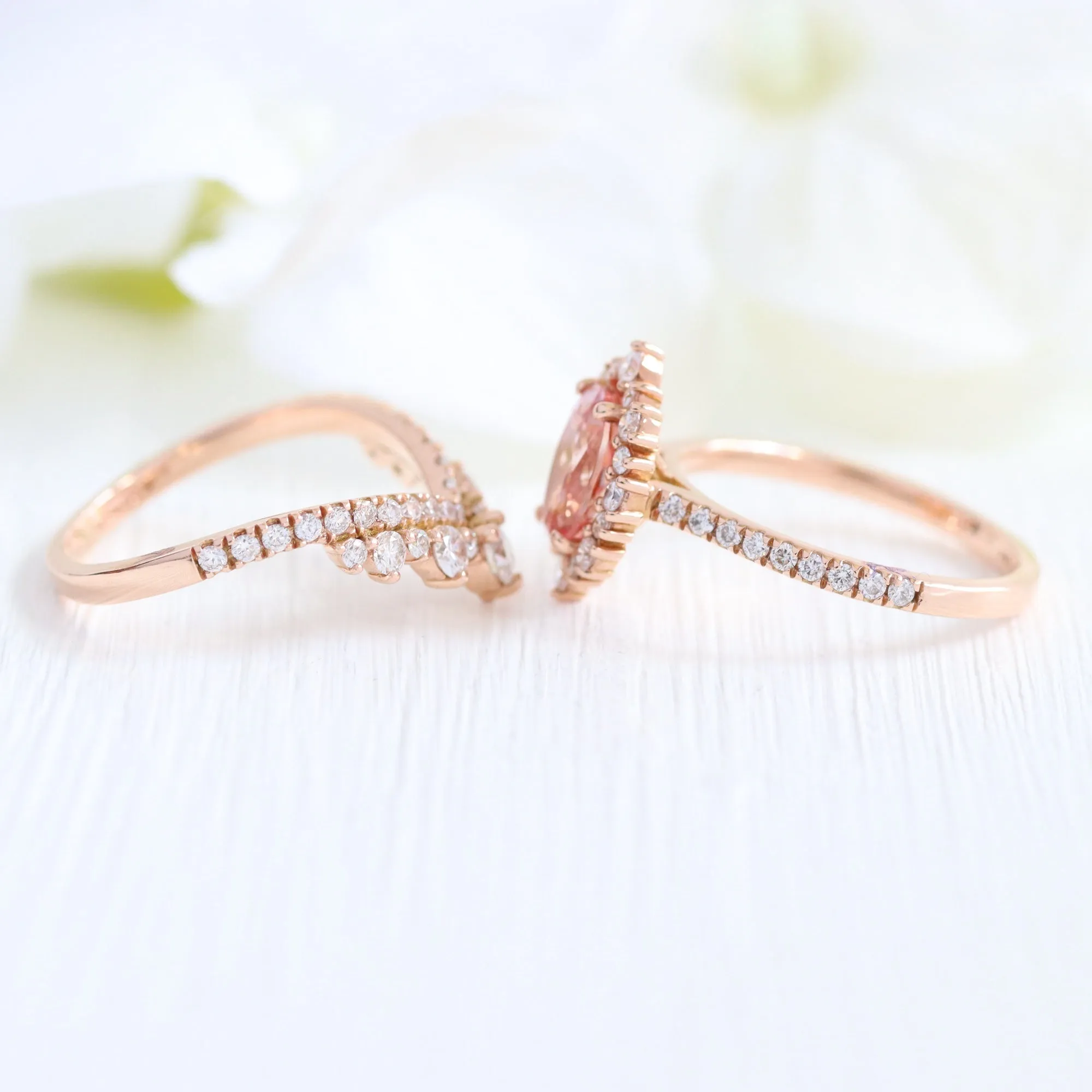 Tiara Halo Oval Pave Ring Set w/ Peach Sapphire and Large Tiara Diamond V Band