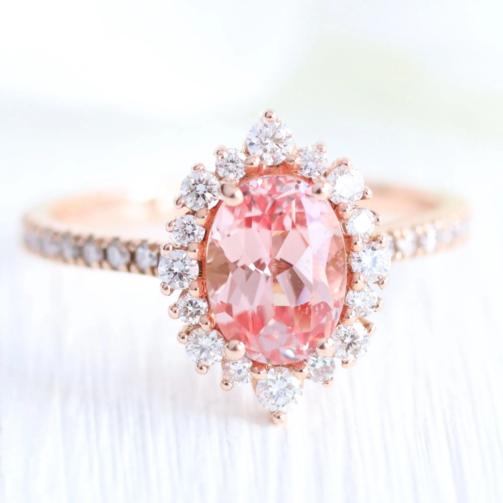 Tiara Halo Oval Pave Ring Set w/ Peach Sapphire and Large Tiara Diamond V Band