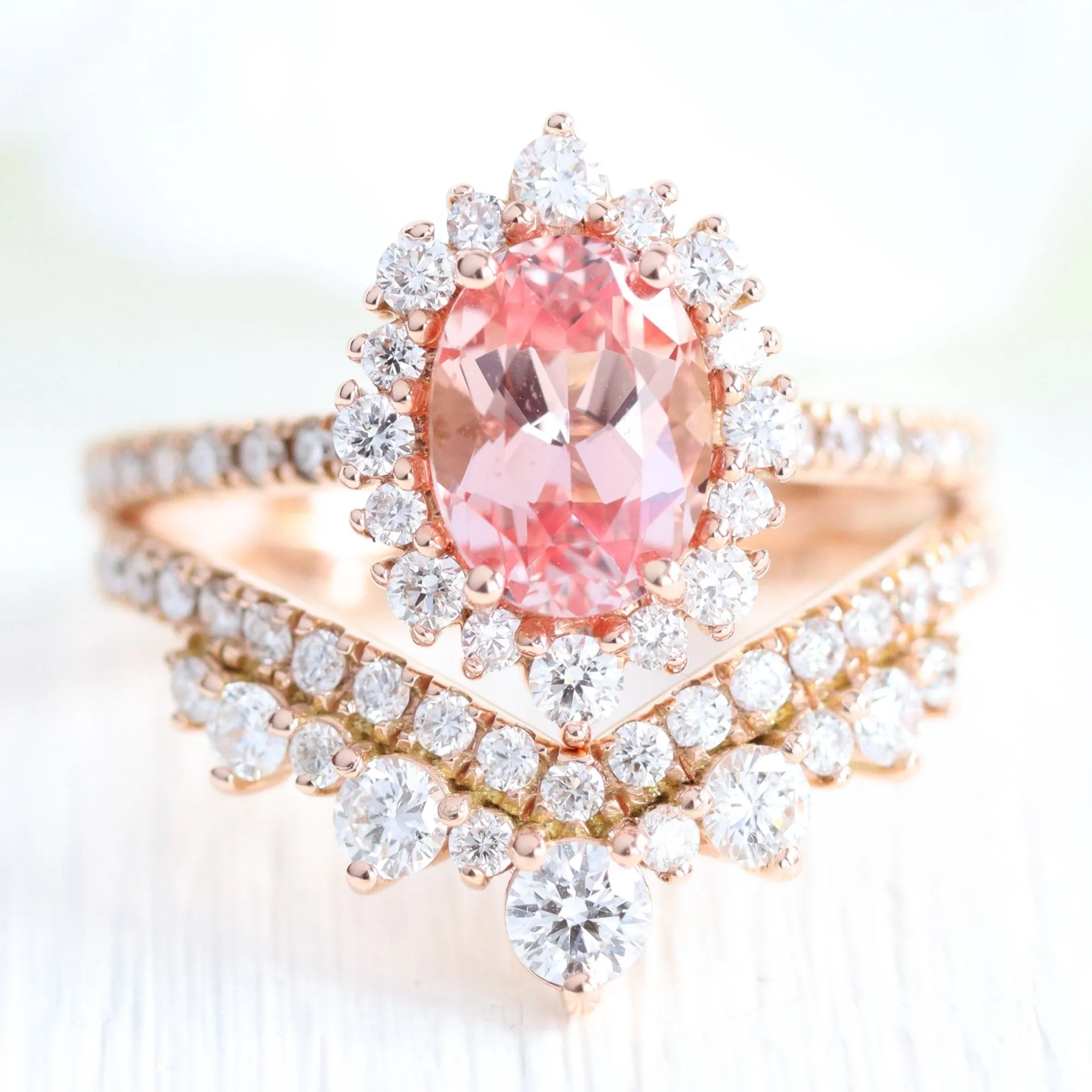 Tiara Halo Oval Pave Ring Set w/ Peach Sapphire and Large Tiara Diamond V Band