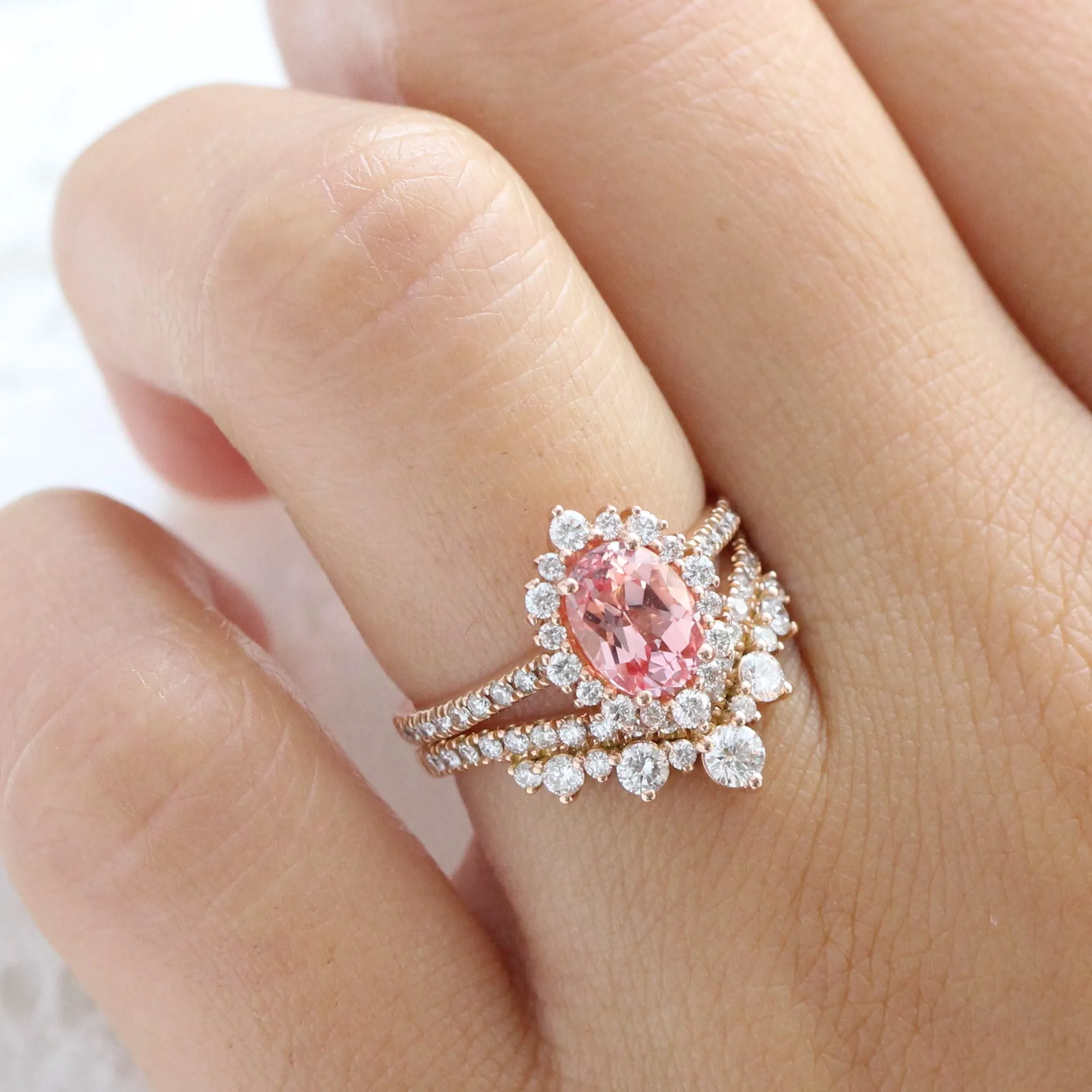 Tiara Halo Oval Pave Ring Set w/ Peach Sapphire and Large Tiara Diamond V Band