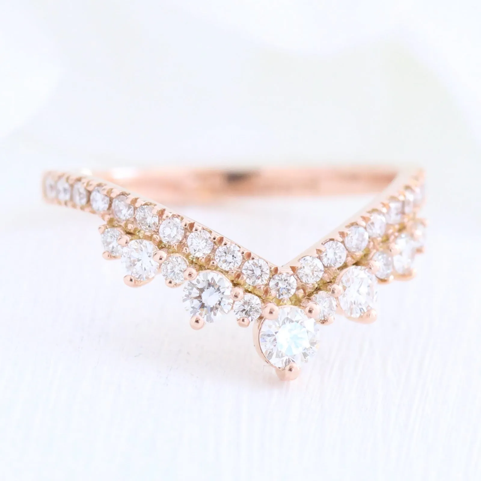 Tiara Halo Oval Pave Ring Set w/ Peach Sapphire and Large Tiara Diamond V Band