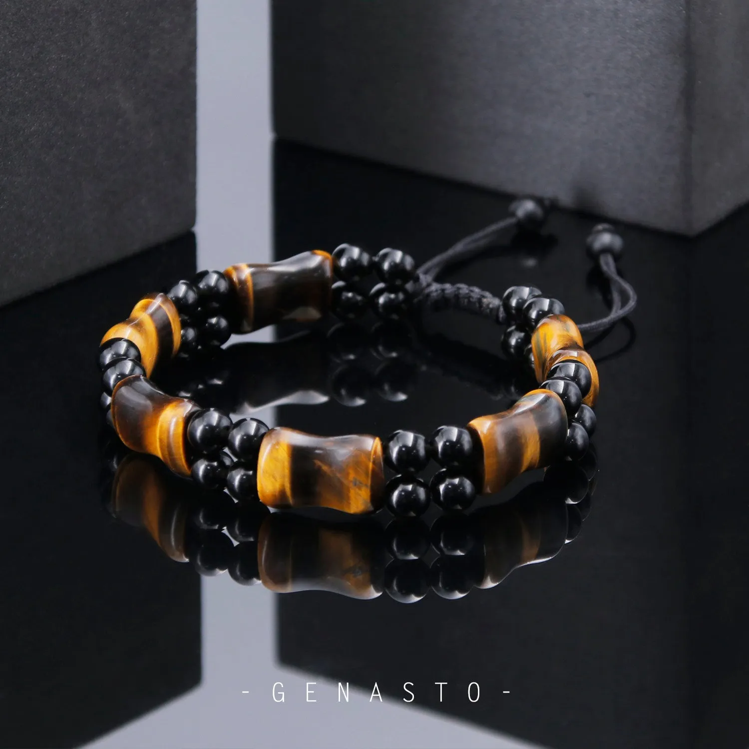 Tiger Eye & Black Obsidian, Square Flat Beads Bracelet