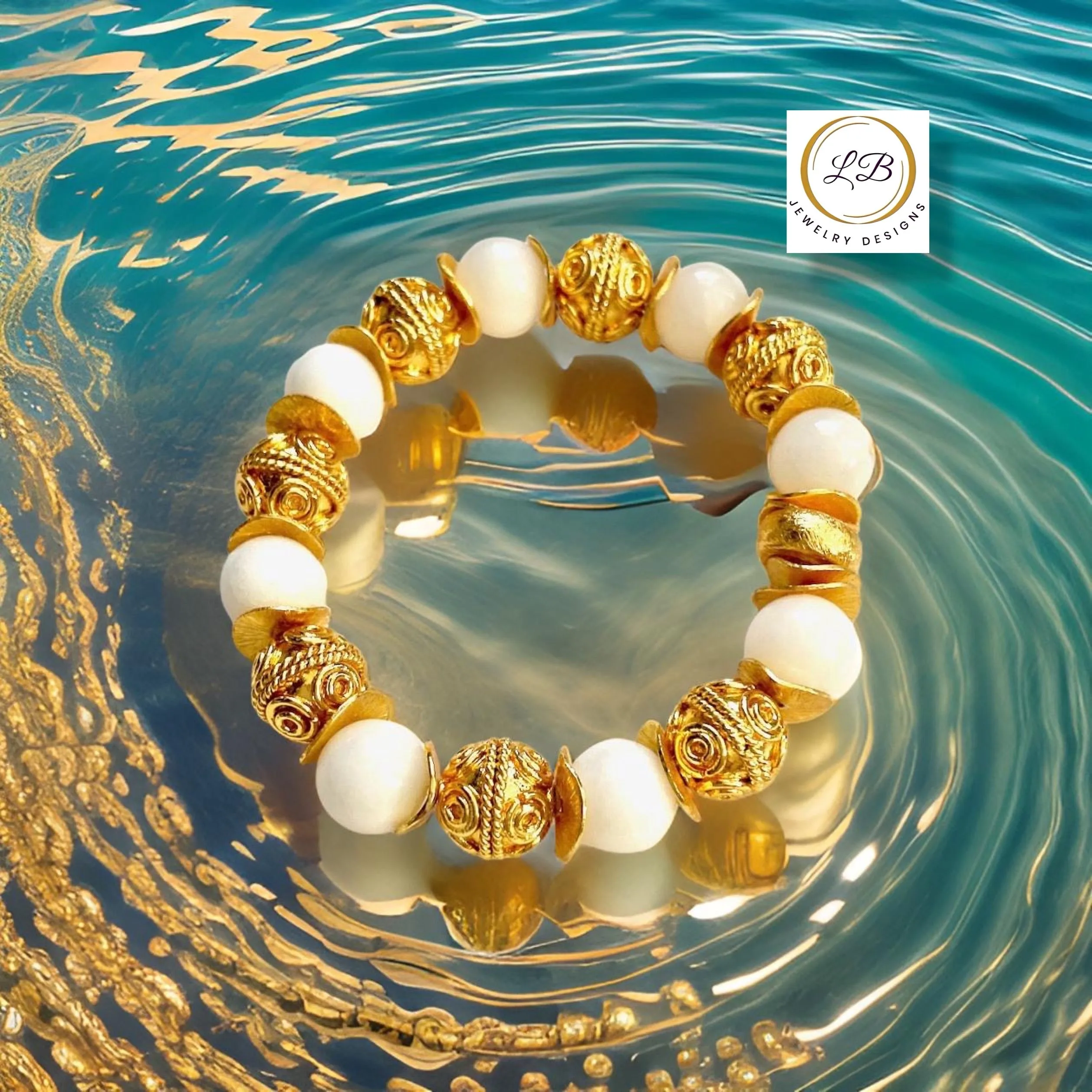 Timeless 22k Gold Vermeil Bali Beads & Alabaster Gemstone Bracelet