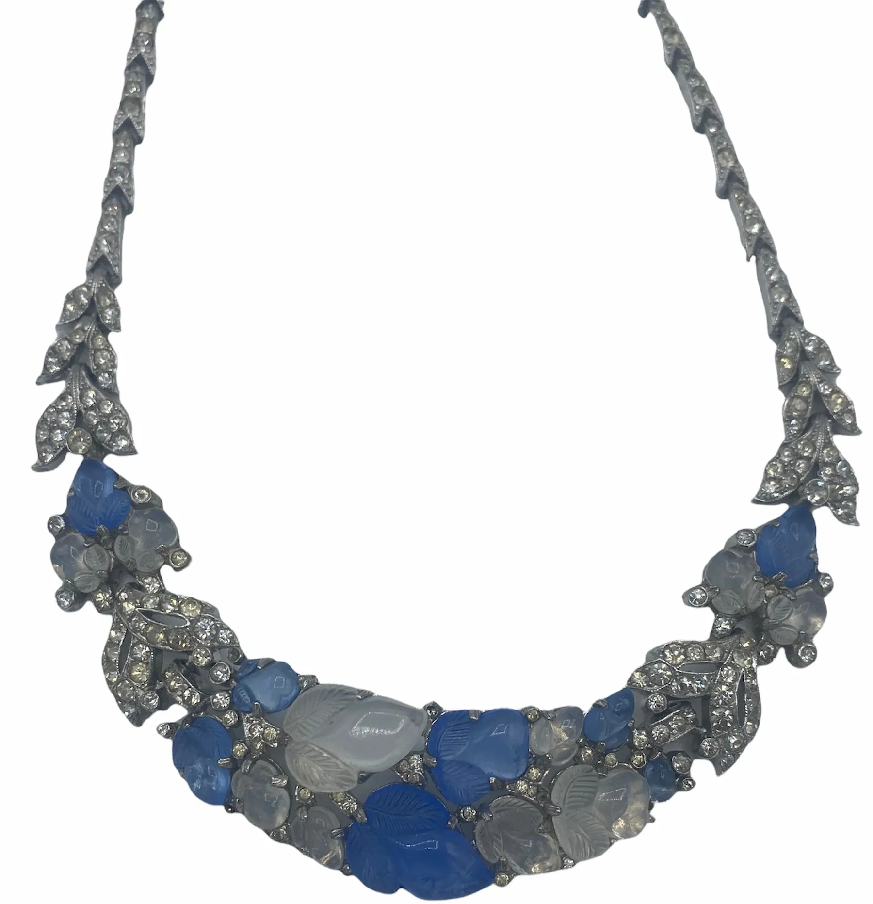 Trifari 30s Rhodium-Plated Tutti-Frutti Alfred Philippe Necklace with Blue and White Faux Stones