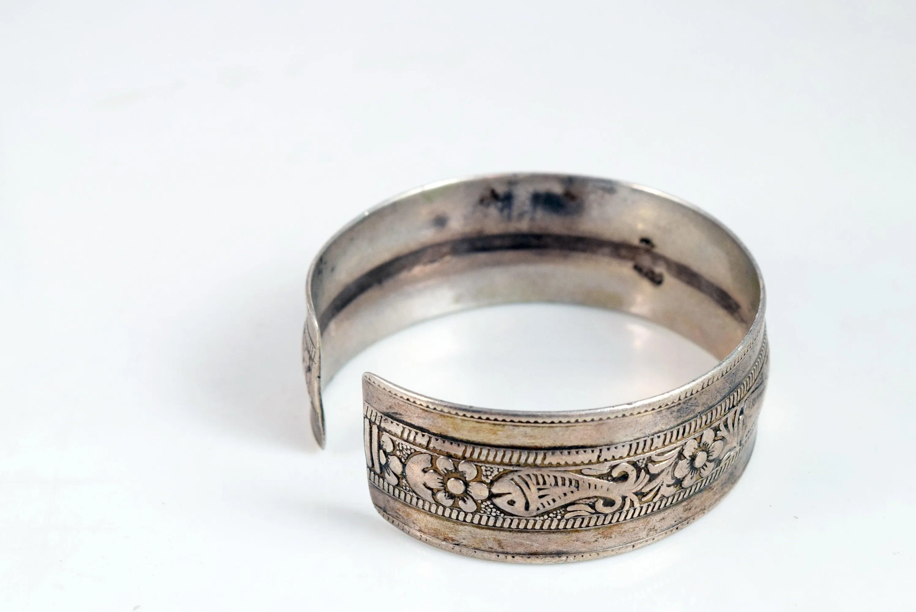 Vintage Berber Silver Cuff Bracelet with Bird and Fish Motif