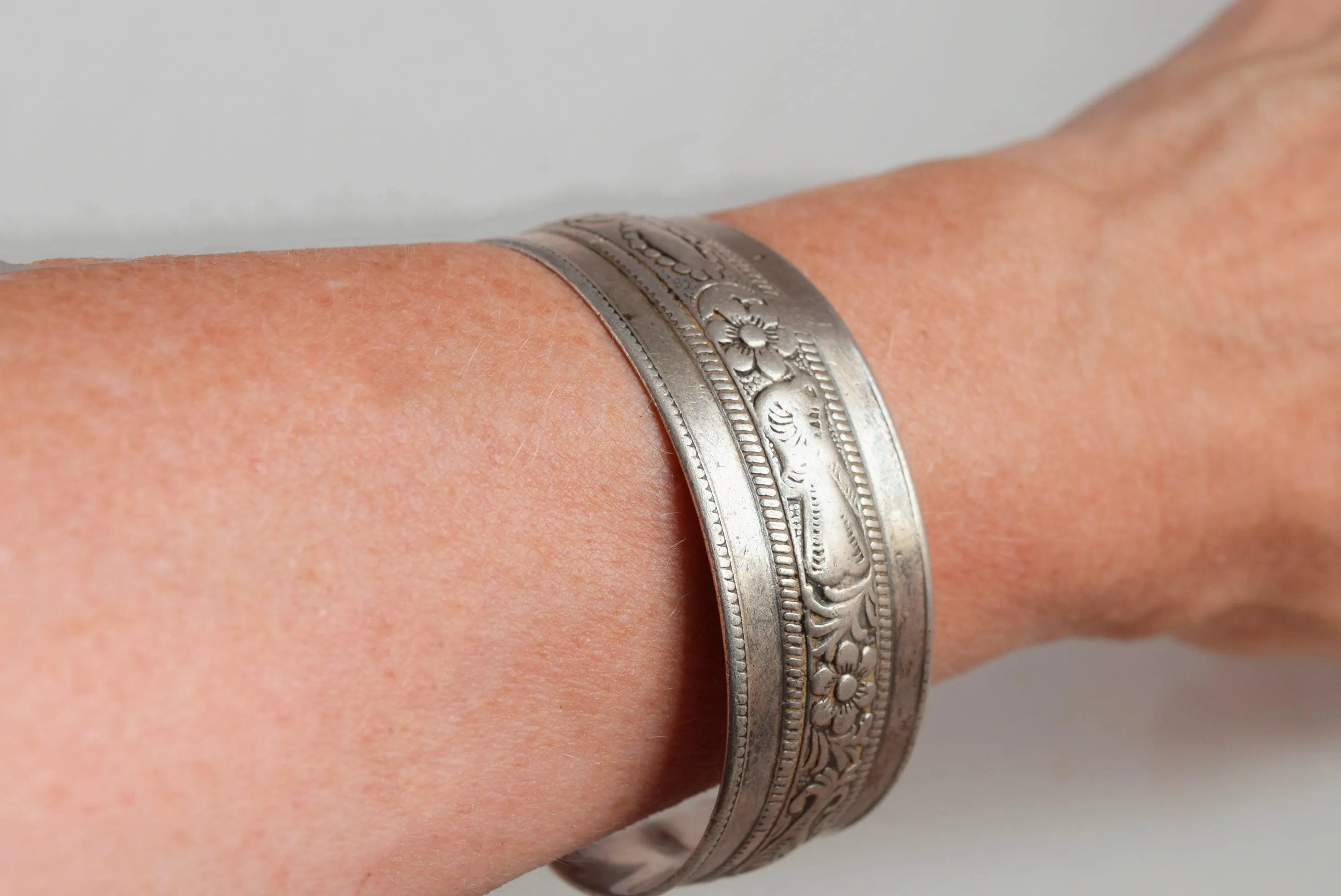 Vintage Berber Silver Cuff Bracelet with Bird and Fish Motif