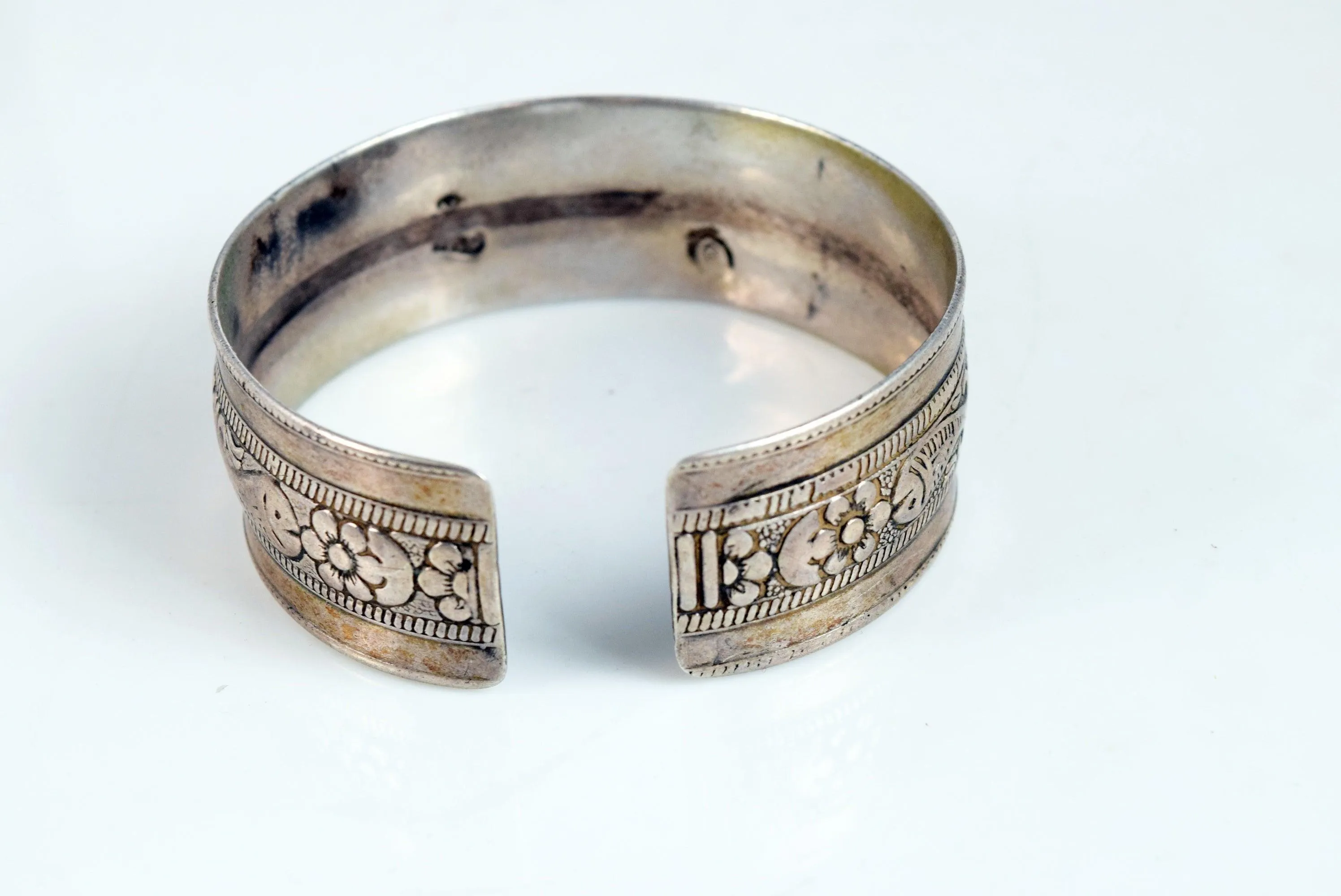 Vintage Berber Silver Cuff Bracelet with Bird and Fish Motif